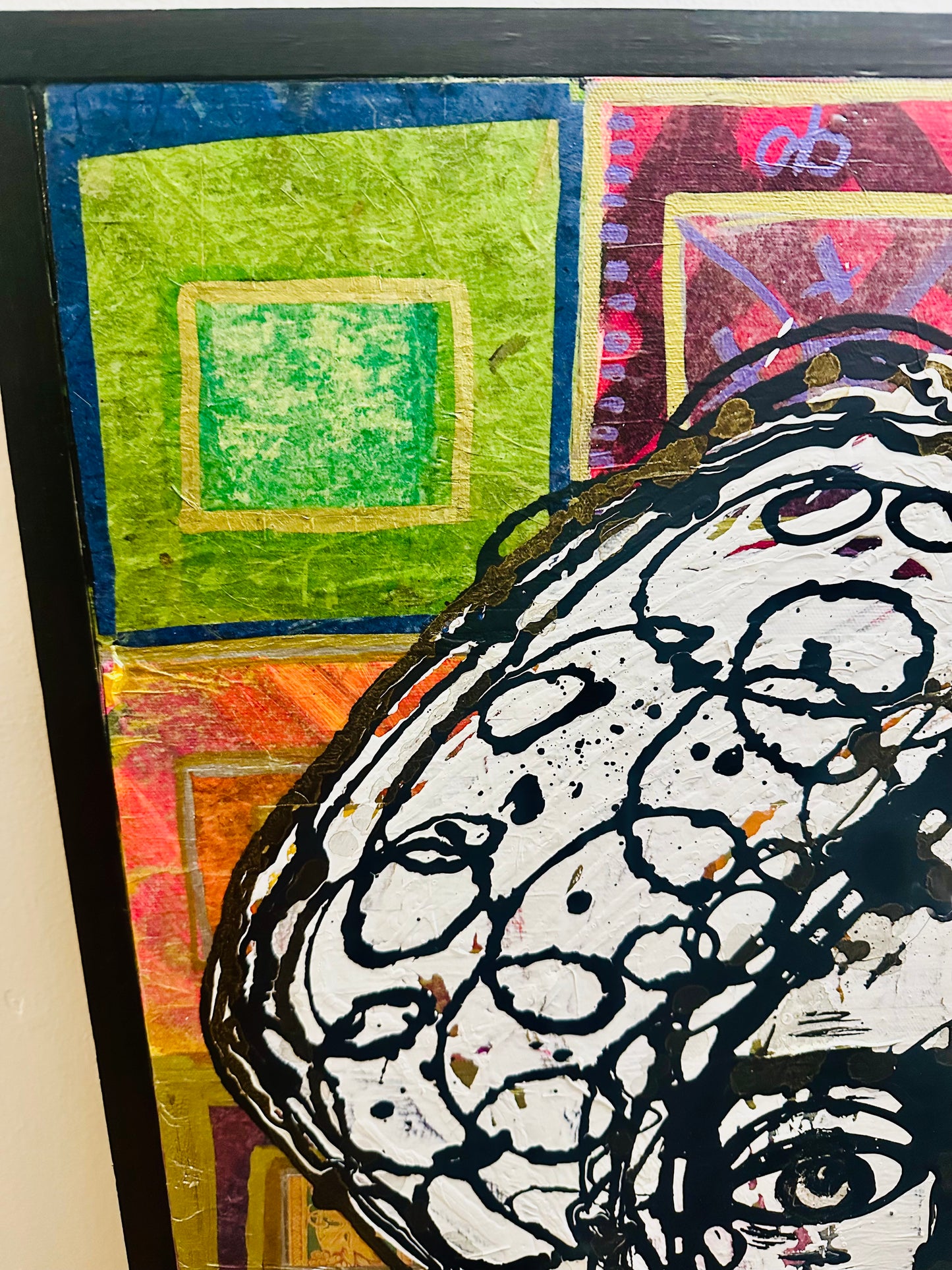 Tall, 26x50” Original painting on canvas w/black wood frame. Abstract,splatter w/gold ink,contour portrait-Large