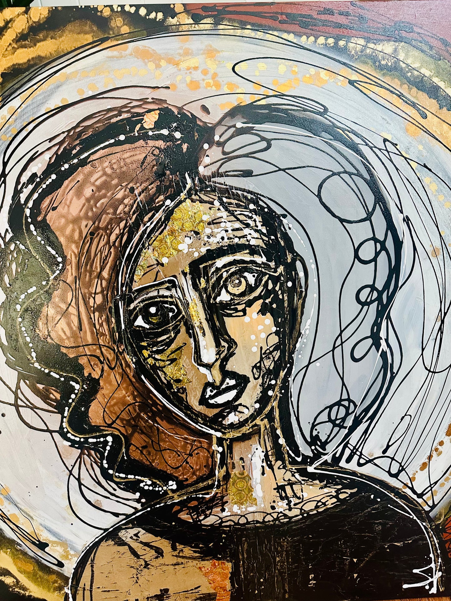 Original painting on black canvas. Approx. 40x40”Abstract portrait w/mixed media collage & metallic ink/gold leaf