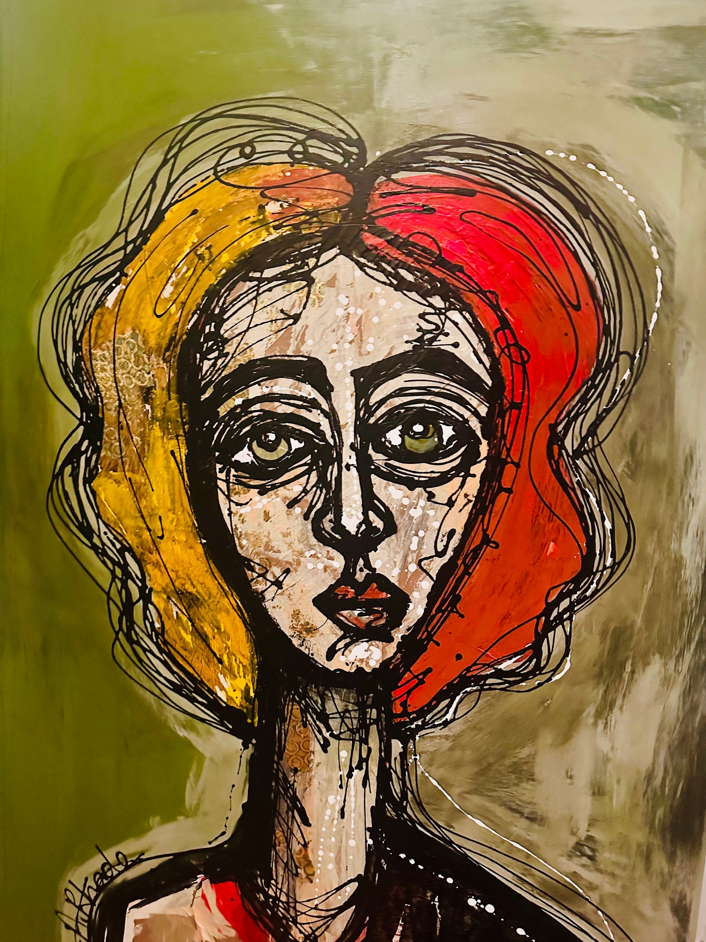 Large 40x60” Original painting on wide gallery edge canvas Abstract,splatter, contour portrait w/ mixed media