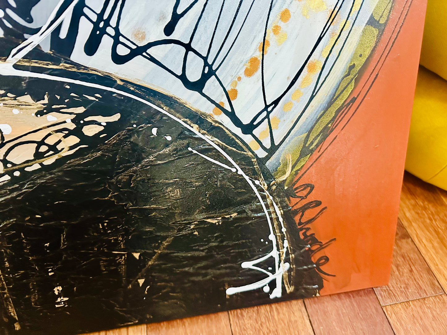 Original painting on black canvas. Approx. 40x40”Abstract portrait w/mixed media collage & metallic ink/gold leaf