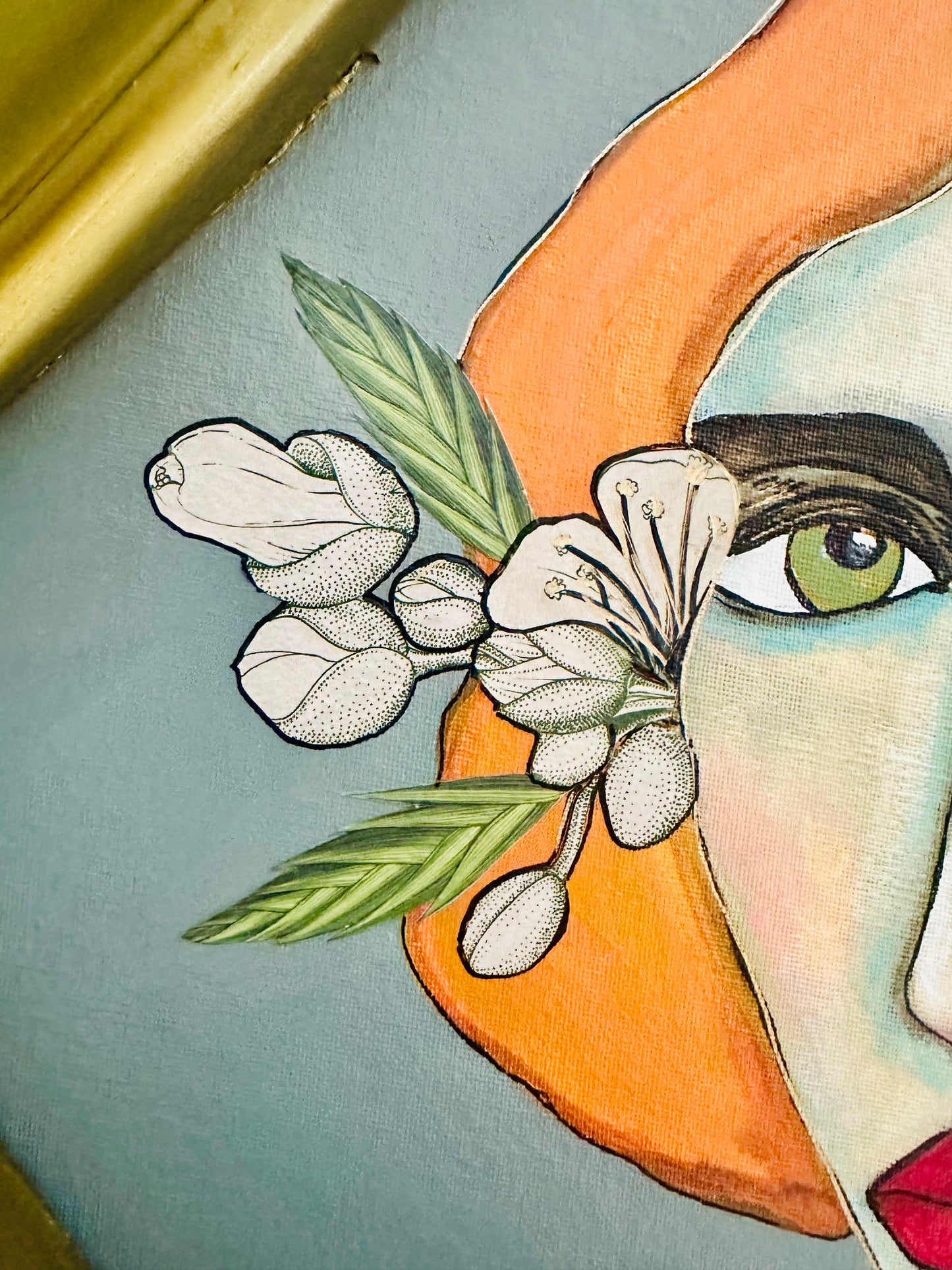 Large Original painting on canvas board - amazing art Deco diamond frame. 26x40” Abstract Portrait w/ mixed media