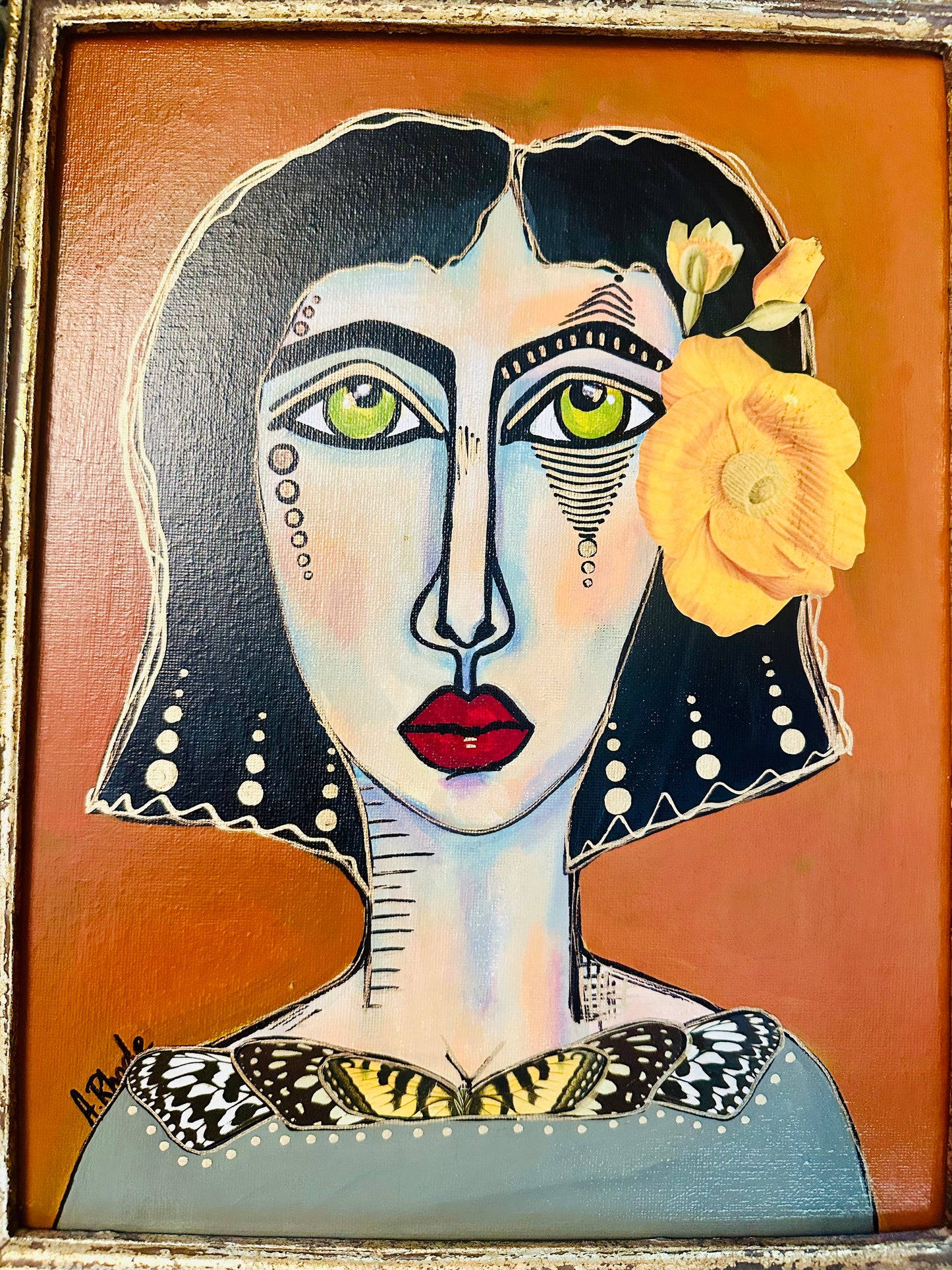 Original painting on canvas board-Ornate frame, 16x19-Abstract Portrait-w/ mixed media collage