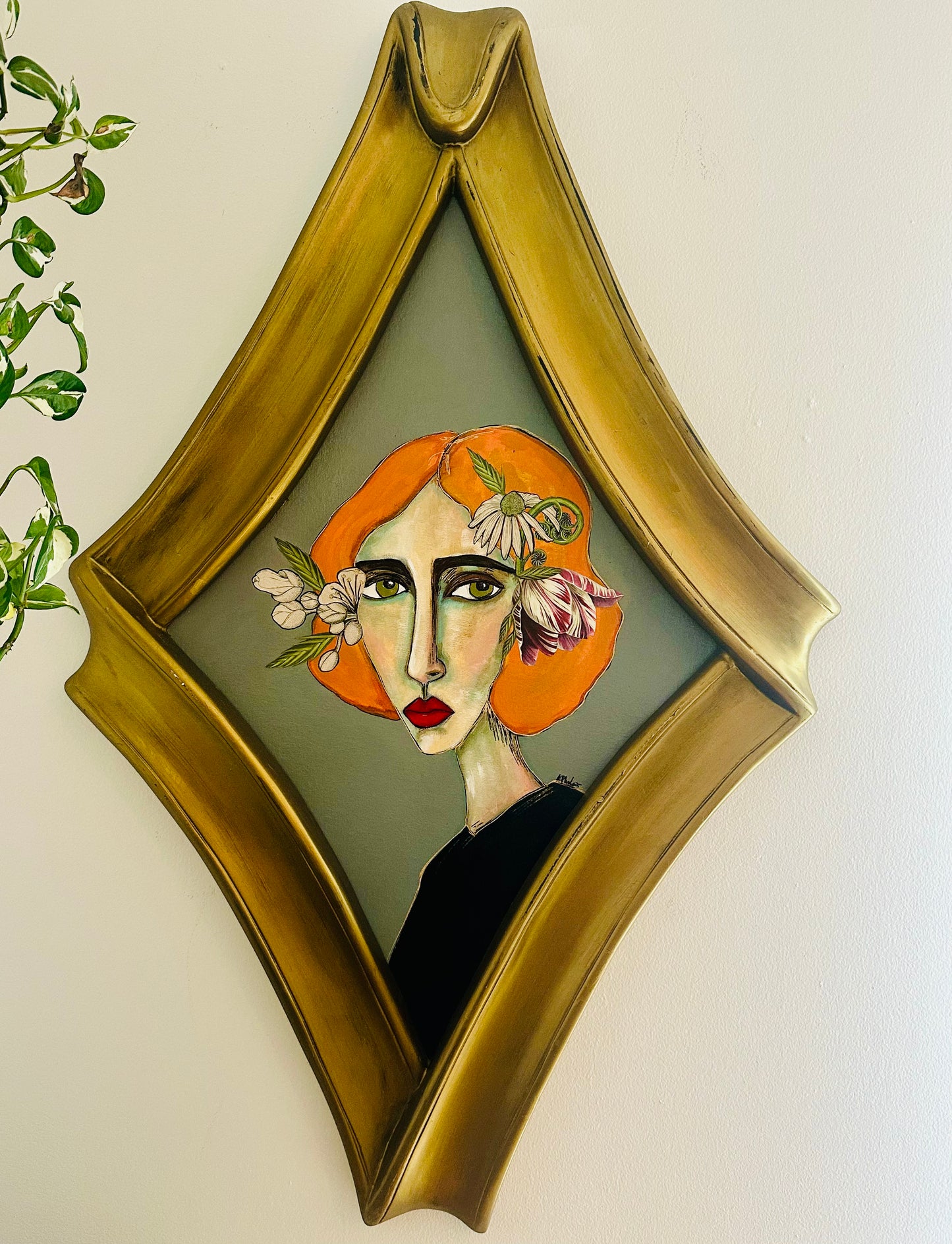 Large Original painting on canvas board - amazing art Deco diamond frame. 26x40” Abstract Portrait w/ mixed media