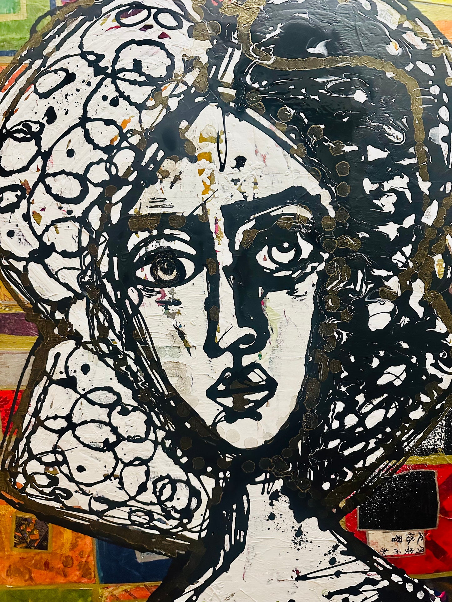 Tall, 26x50” Original painting on canvas w/black wood frame. Abstract,splatter w/gold ink,contour portrait-Large