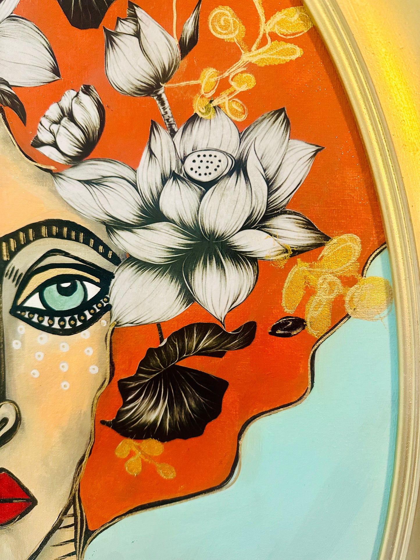 Original painting on canvas board-in Unique oval frame-23x31” Portrait-w/ mixed media botanical collage.