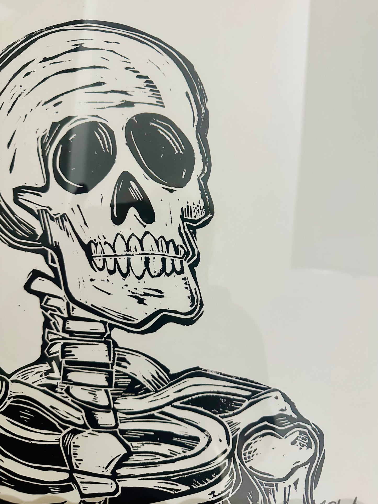 Original, hand-carved & printed linocut skelly print-in fun,wavy frame - 12x15