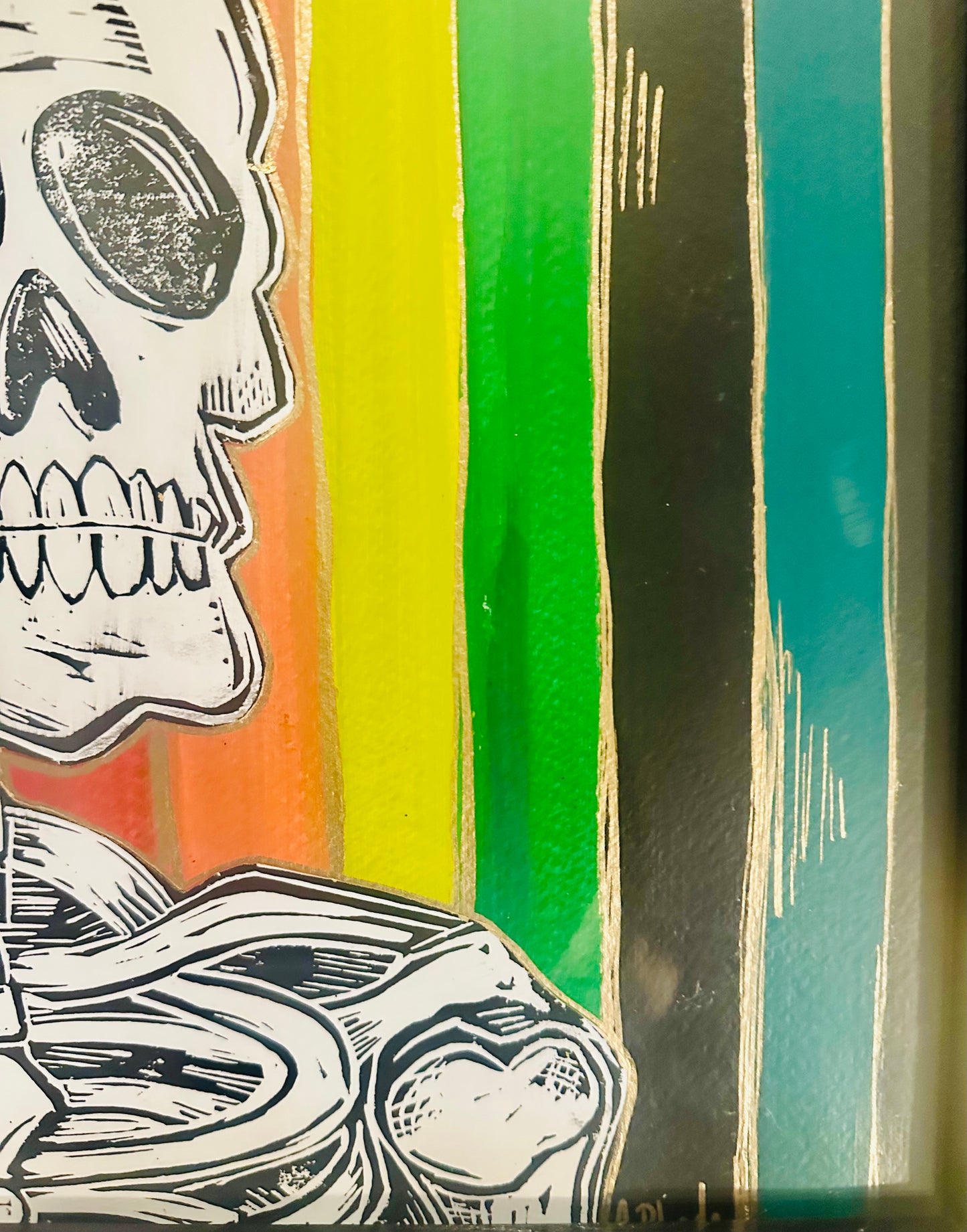 Original, hand-carved & pulled linocut Skelly King block print w/painted & collaged background-in black frame 13x16