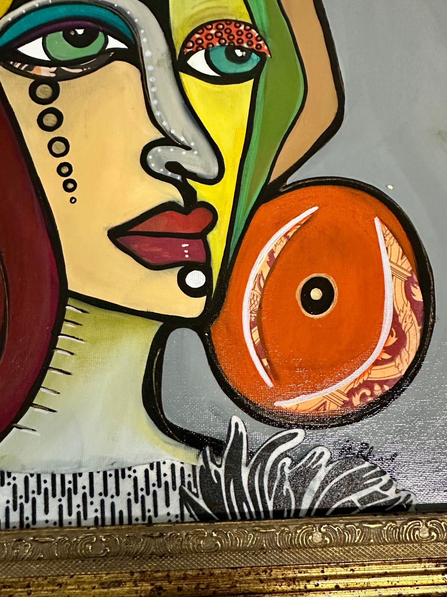 Original painting on canvas board - gold frame 22x22” Abstract Portrait w/mixed media collage
