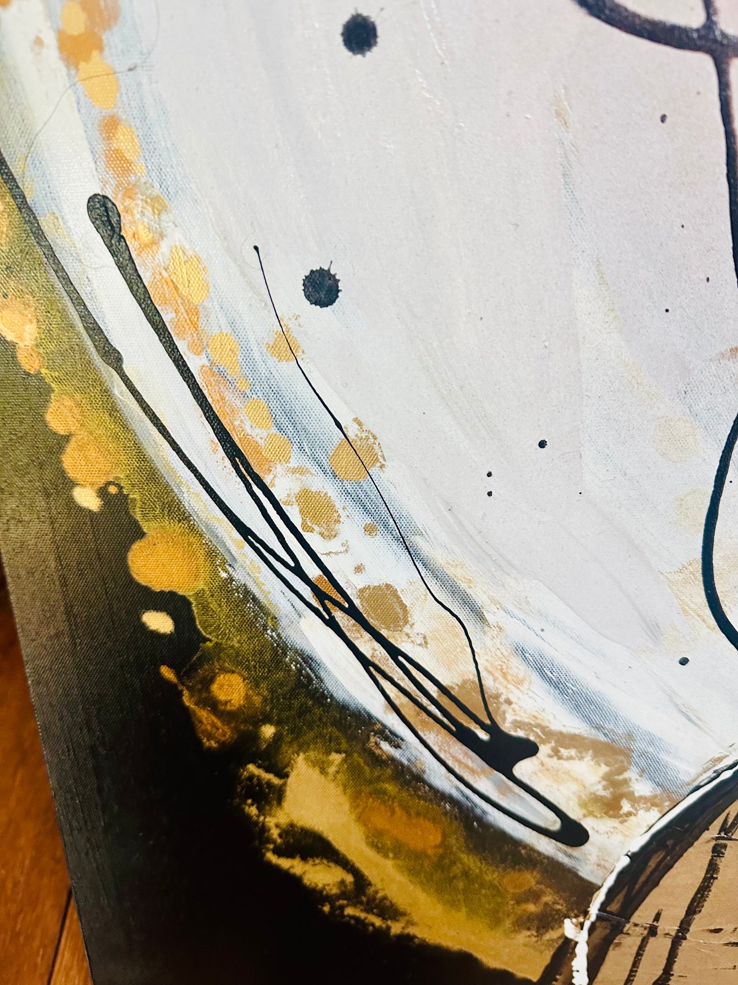 Original painting on black canvas. Approx. 40x40”Abstract portrait w/mixed media collage & metallic ink/gold leaf