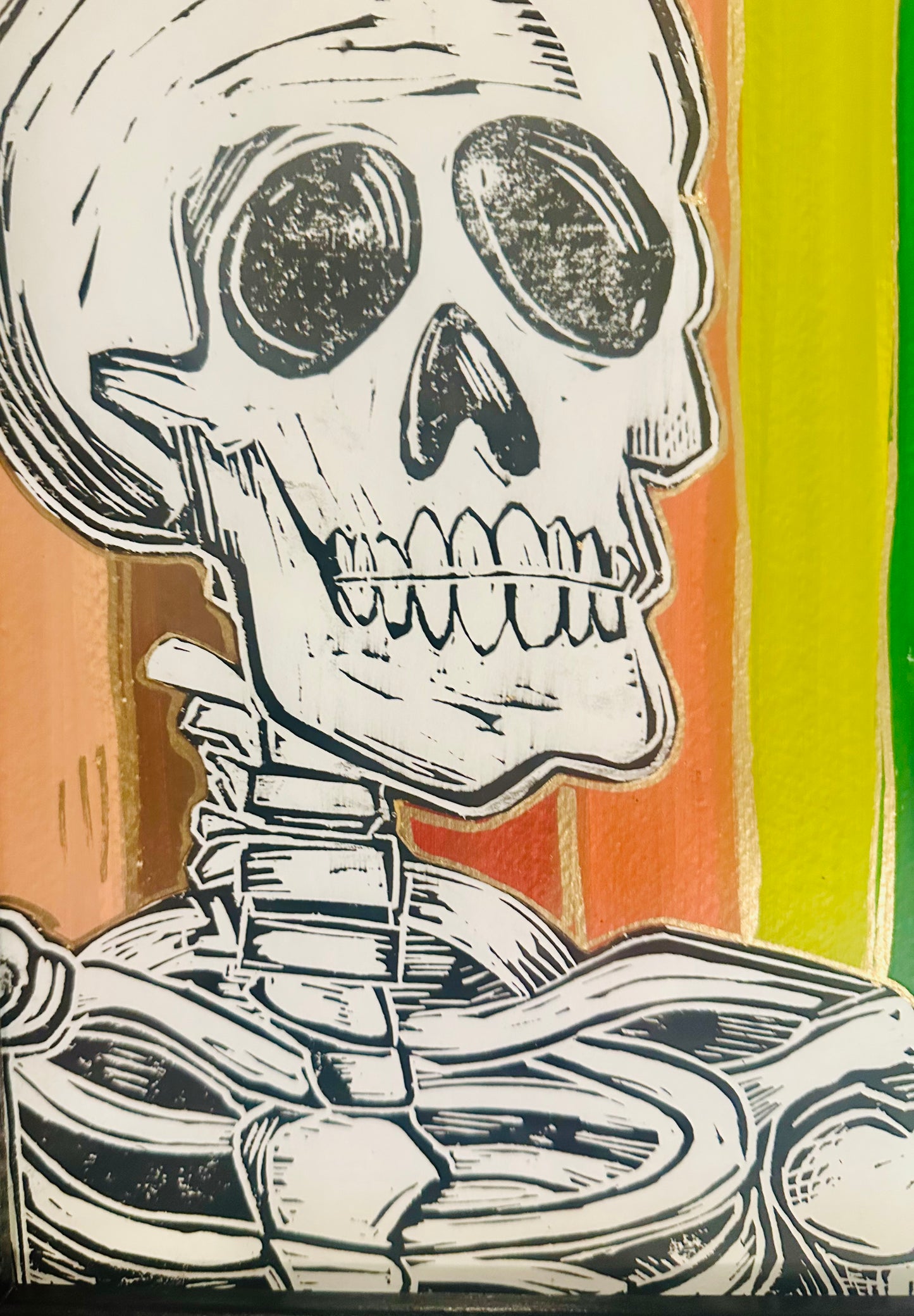 Original, hand-carved & pulled linocut Skelly King block print w/painted & collaged background-in black frame 13x16