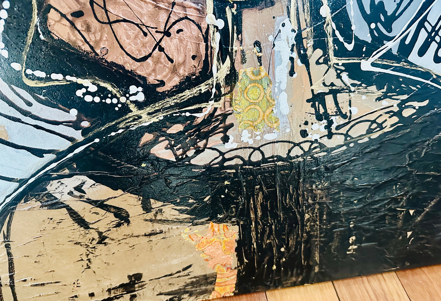 Original painting on black canvas. Approx. 40x40”Abstract portrait w/mixed media collage & metallic ink/gold leaf
