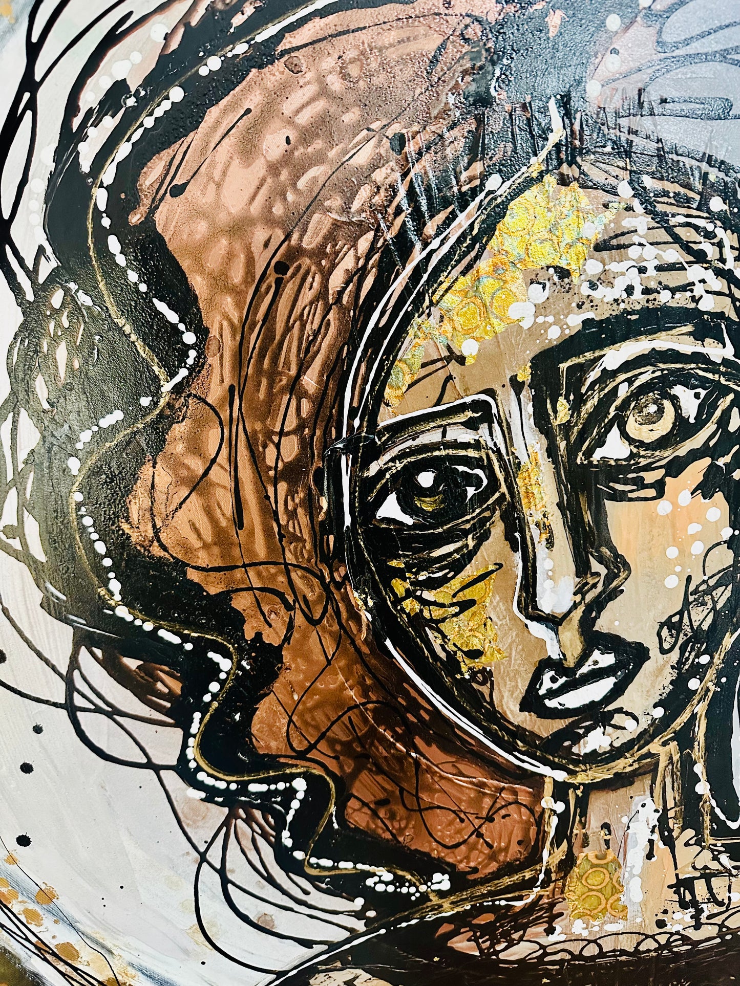 Original painting on black canvas. Approx. 40x40”Abstract portrait w/mixed media collage & metallic ink/gold leaf