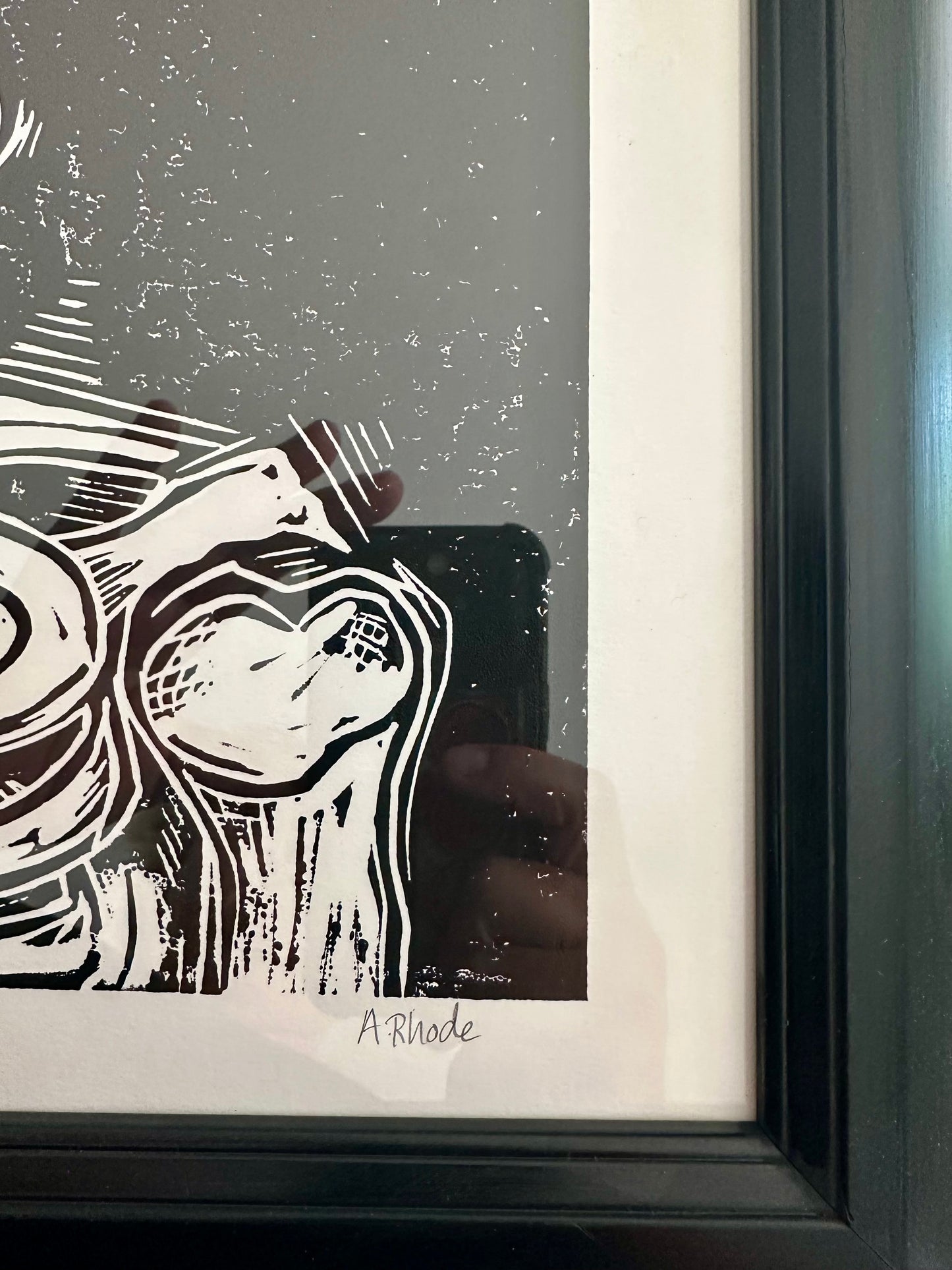 Original, hand-carved & printed linocut block print-in black frame - 13x16 - “dead inside” skelly