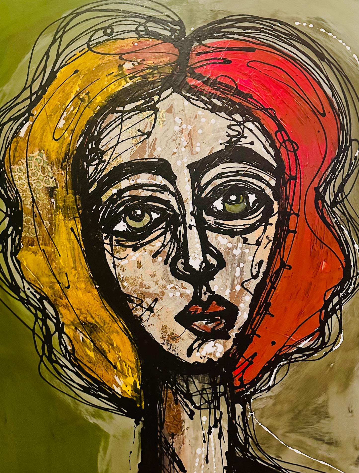 Large 40x60” Original painting on wide gallery edge canvas Abstract,splatter, contour portrait w/ mixed media