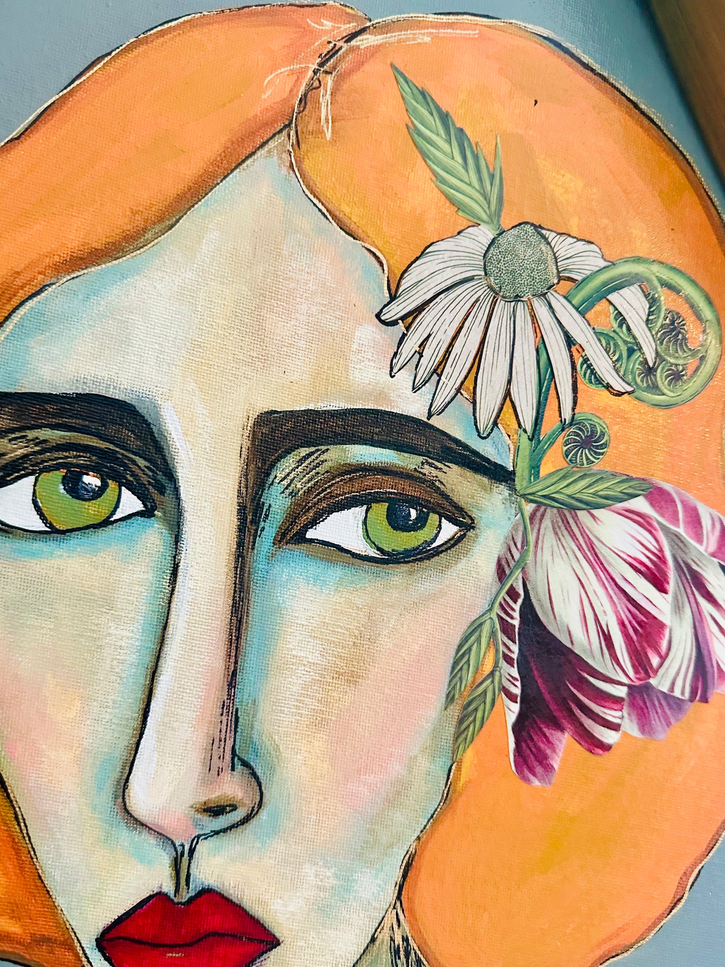 Large Original painting on canvas board - amazing art Deco diamond frame. 26x40” Abstract Portrait w/ mixed media