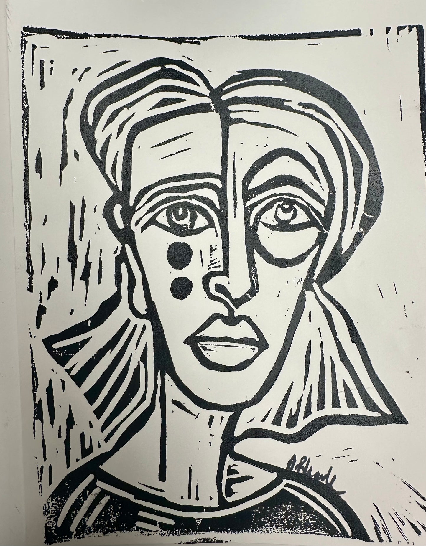 Original, hand-carved & pulled linocut block print - Unframed, 8x10 - Abstract Portrait.