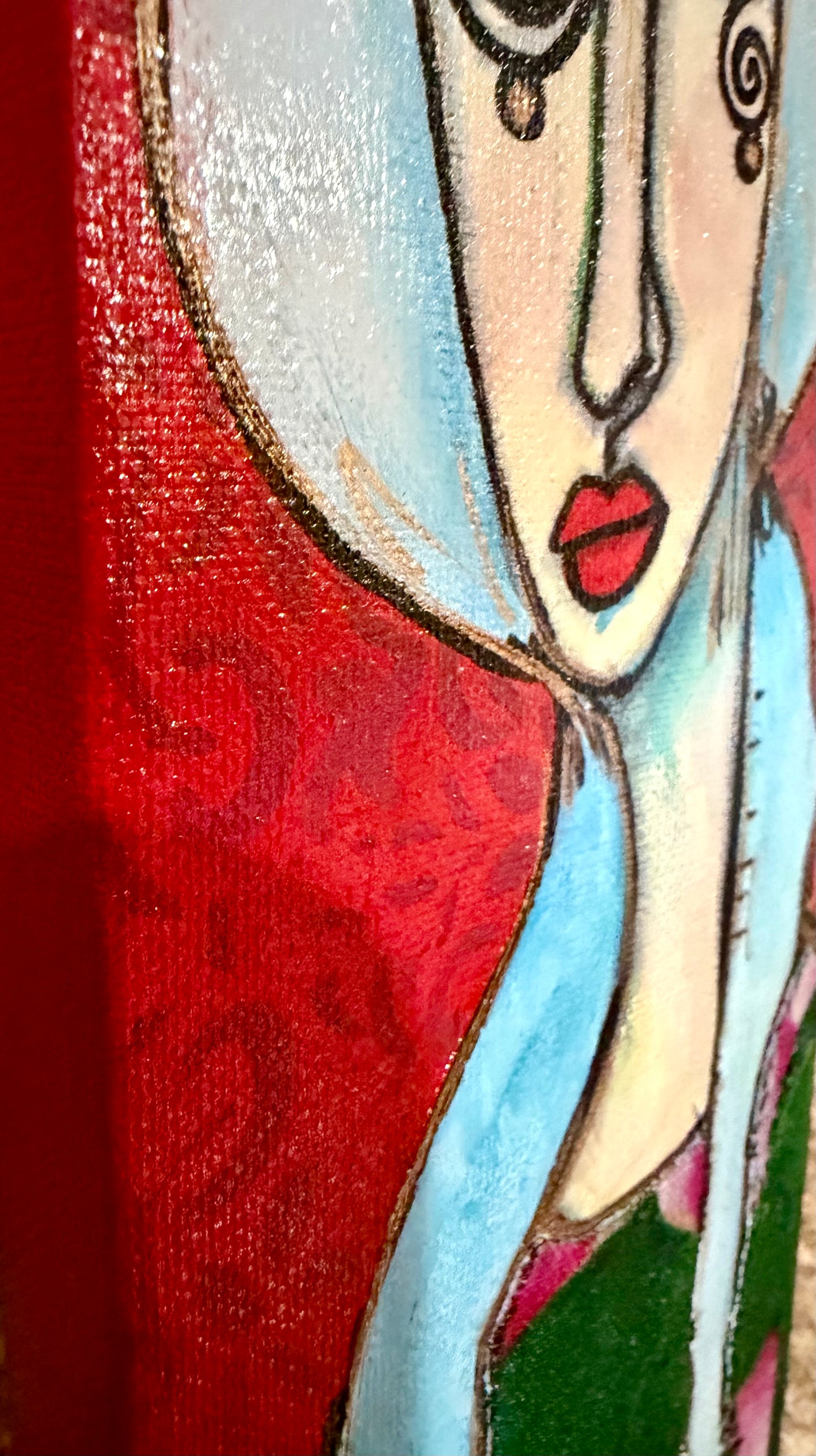 Original, signed mini /slender painting on canvas Abstract portrait w/mixed media 4x12”