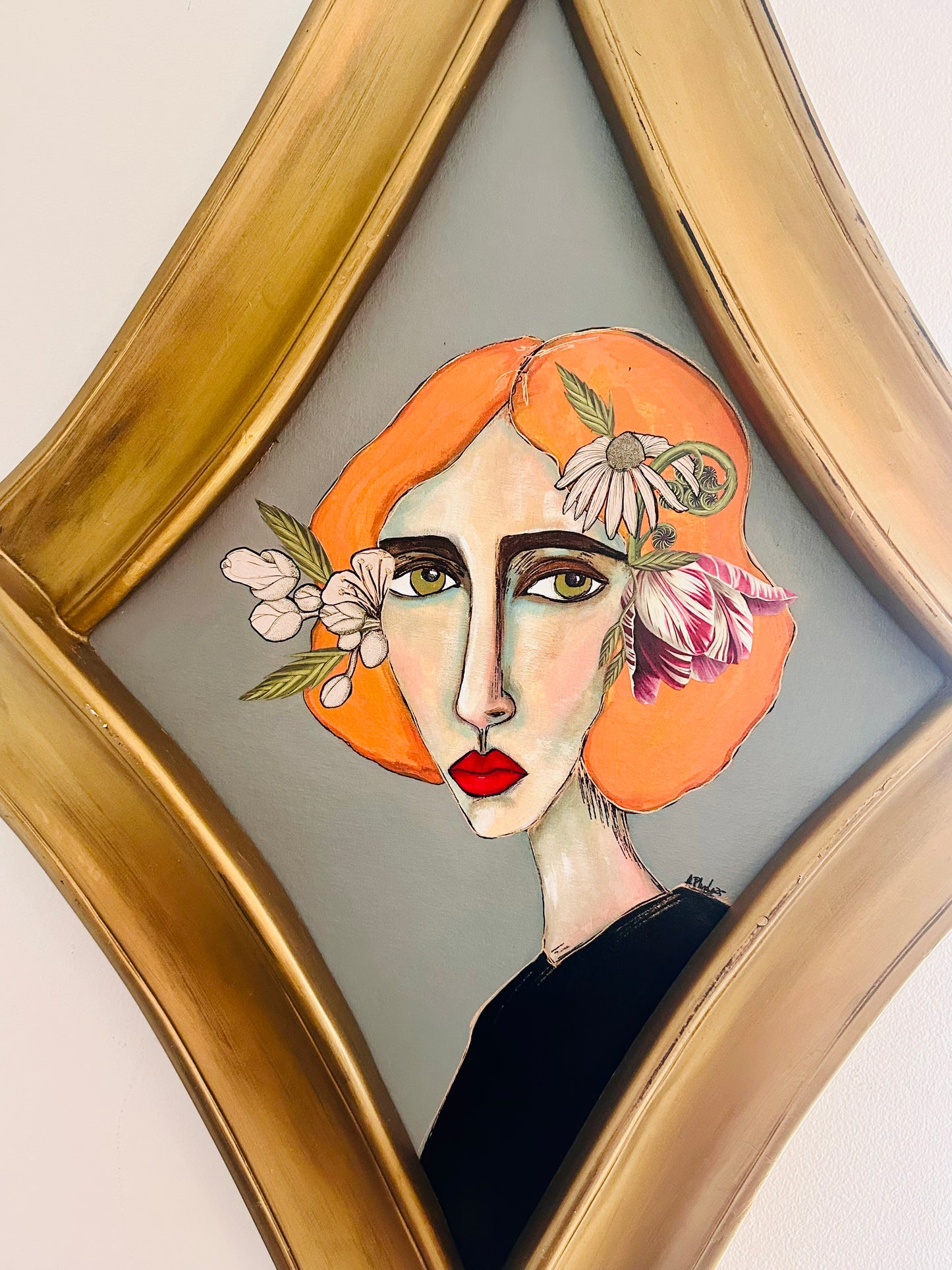 Large Original painting on canvas board - amazing art Deco diamond frame. 26x40” Abstract Portrait w/ mixed media