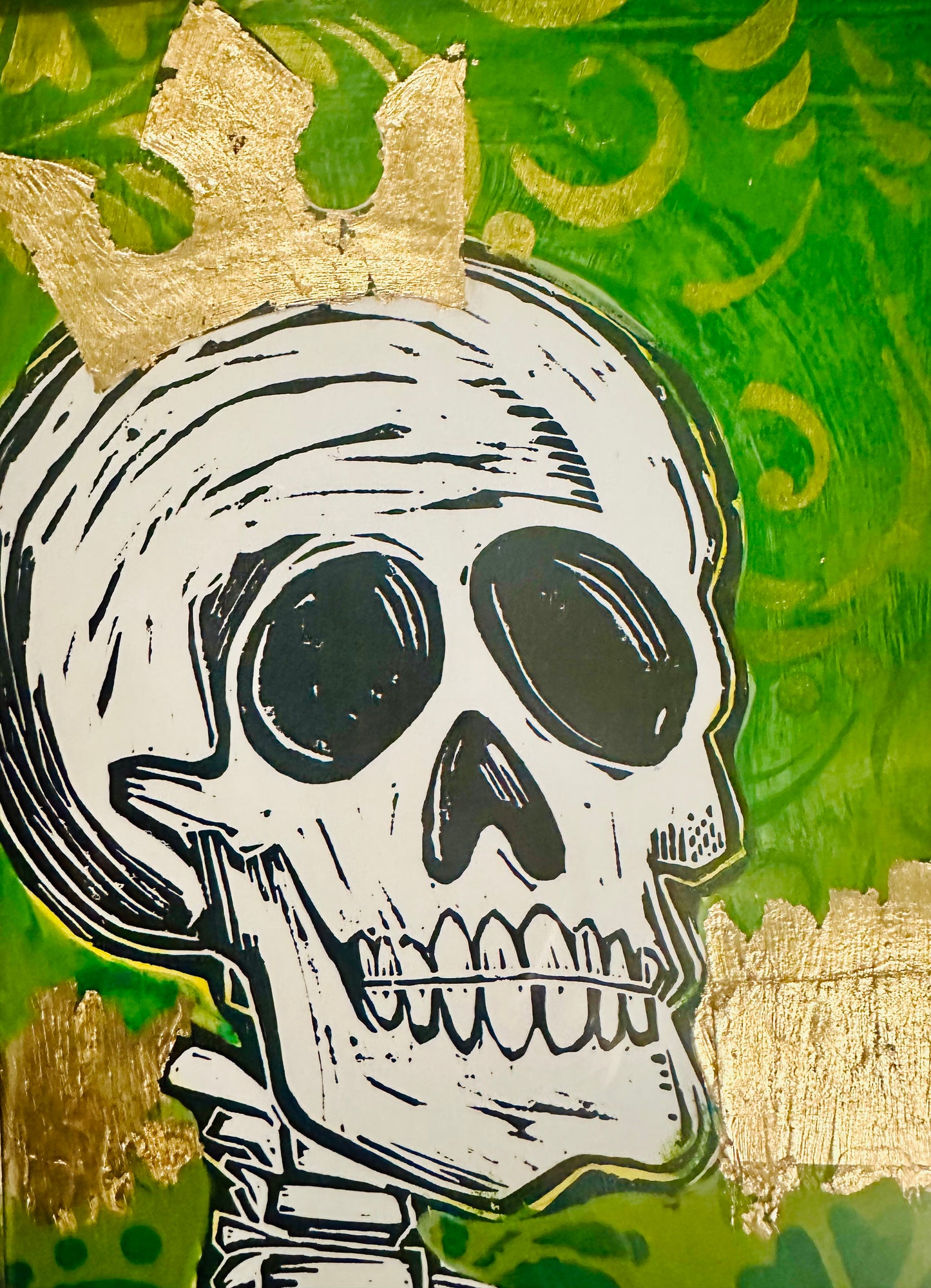 Original, hand-carved & pulled linocut Skelly King block print w/painted & collaged background-in black frame 13x16