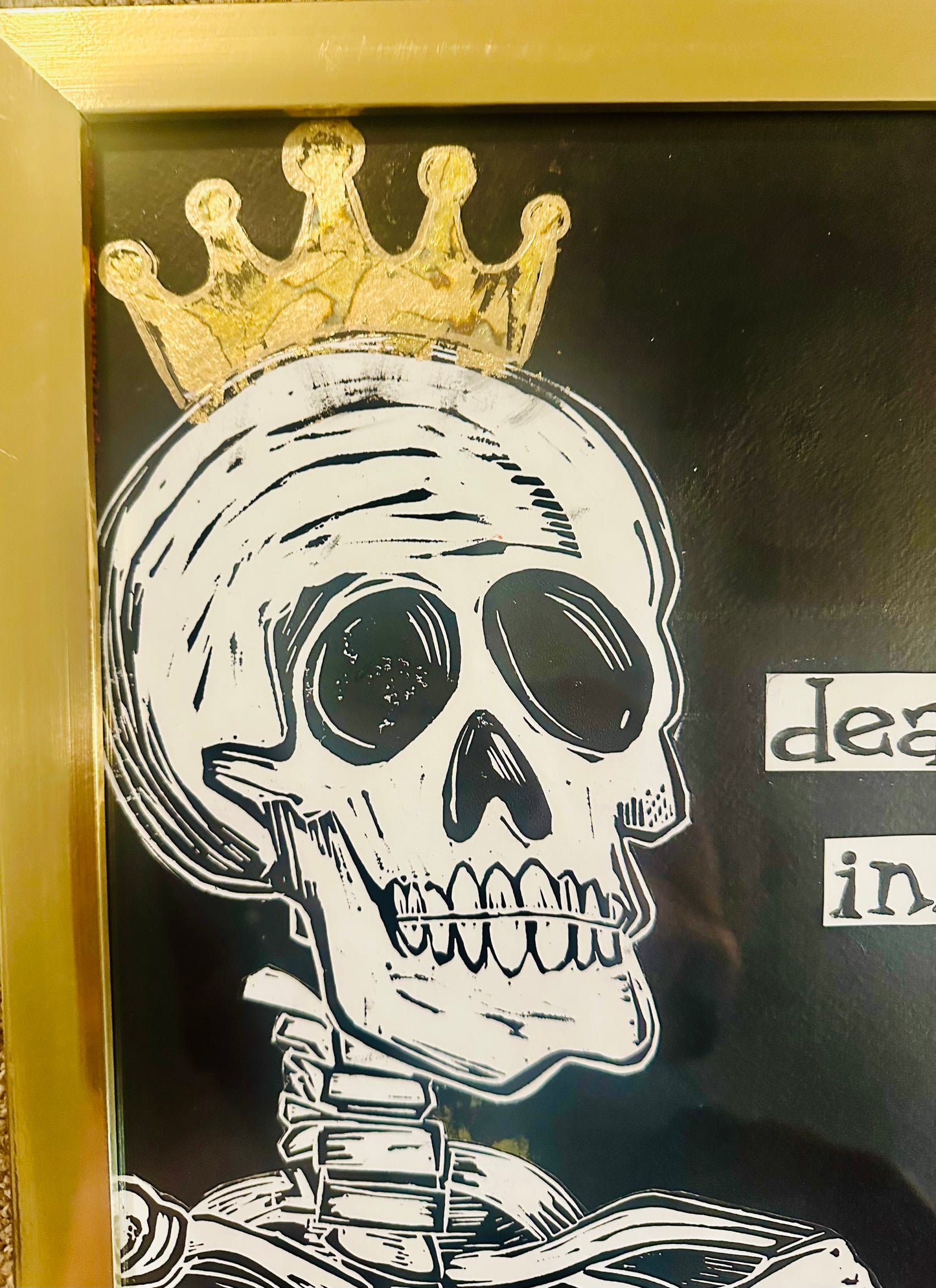 Original, hand-carved & pulled linocut Skelly King block print w/painted & collaged background-in gold frame 13x16