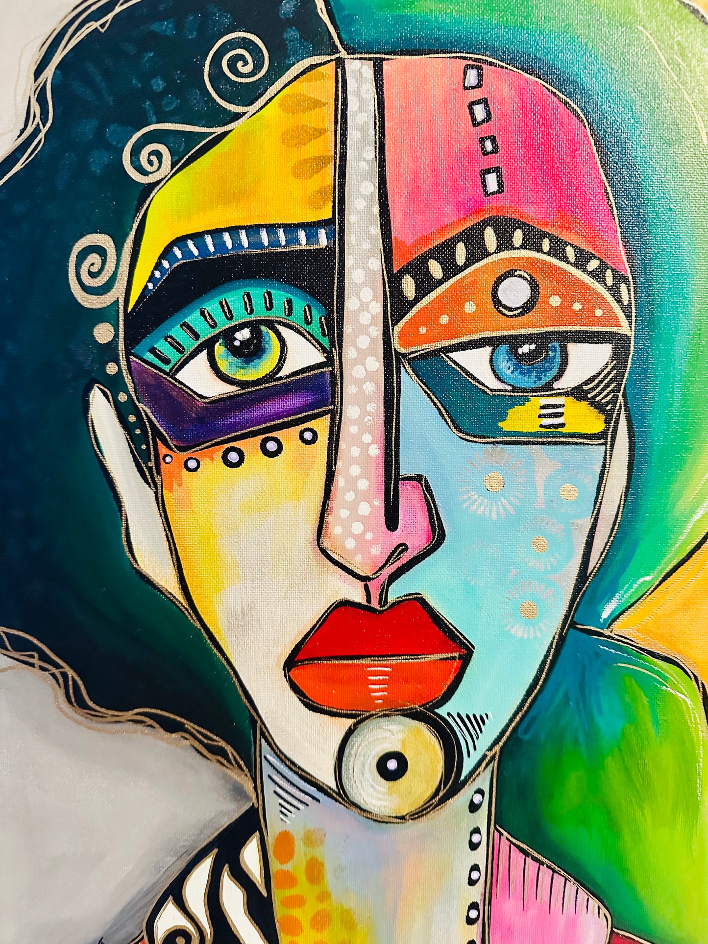 Original painting on canvas in black frame 22x26 Abstract Portrait