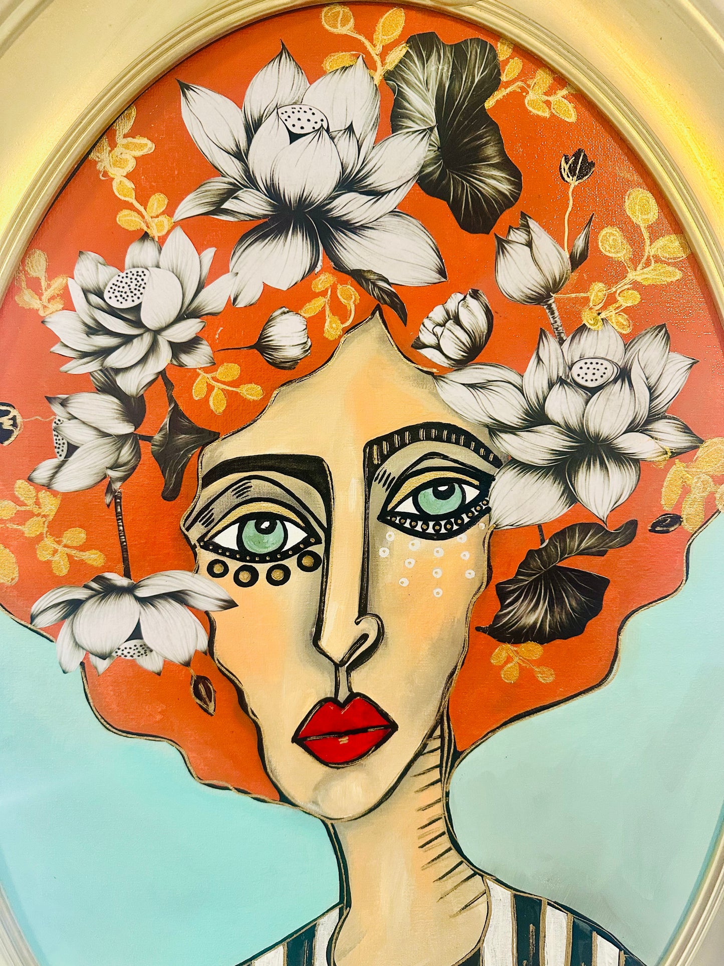 Original painting on canvas board-in Unique oval frame-23x31” Portrait-w/ mixed media botanical collage.