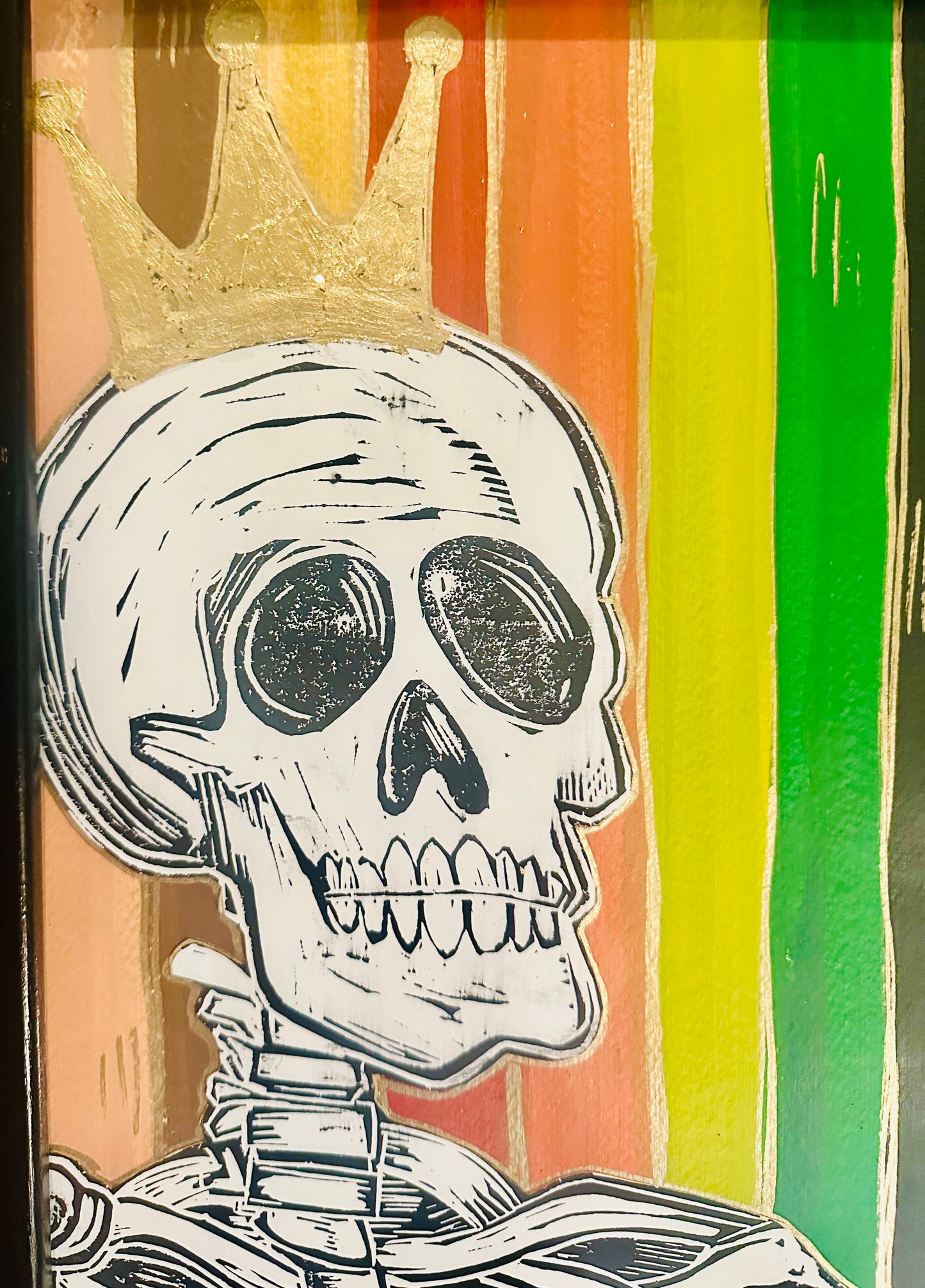 Original, hand-carved & pulled linocut Skelly King block print w/painted & collaged background-in black frame 13x16