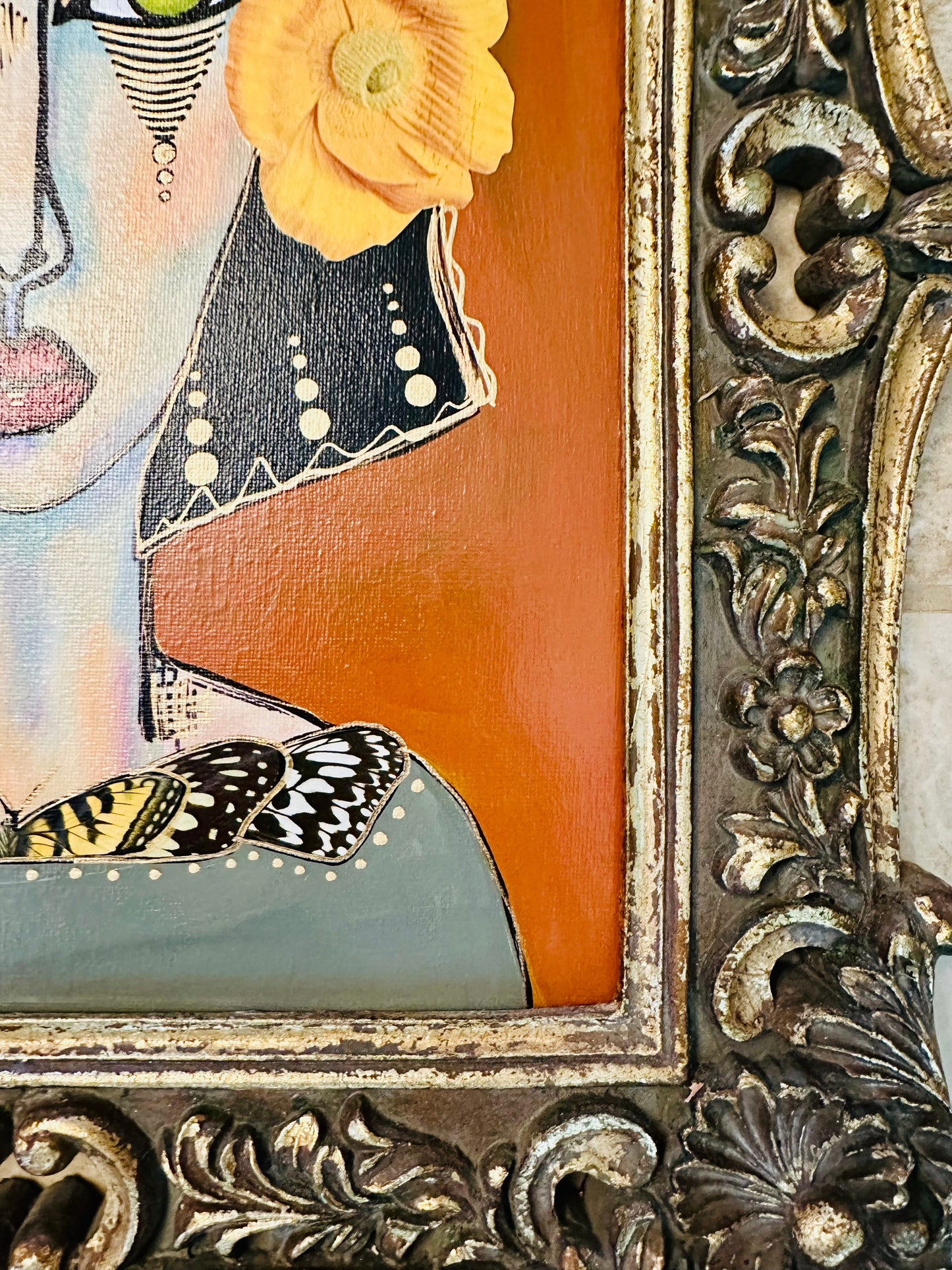Original painting on canvas board-Ornate frame, 16x19-Abstract Portrait-w/ mixed media collage
