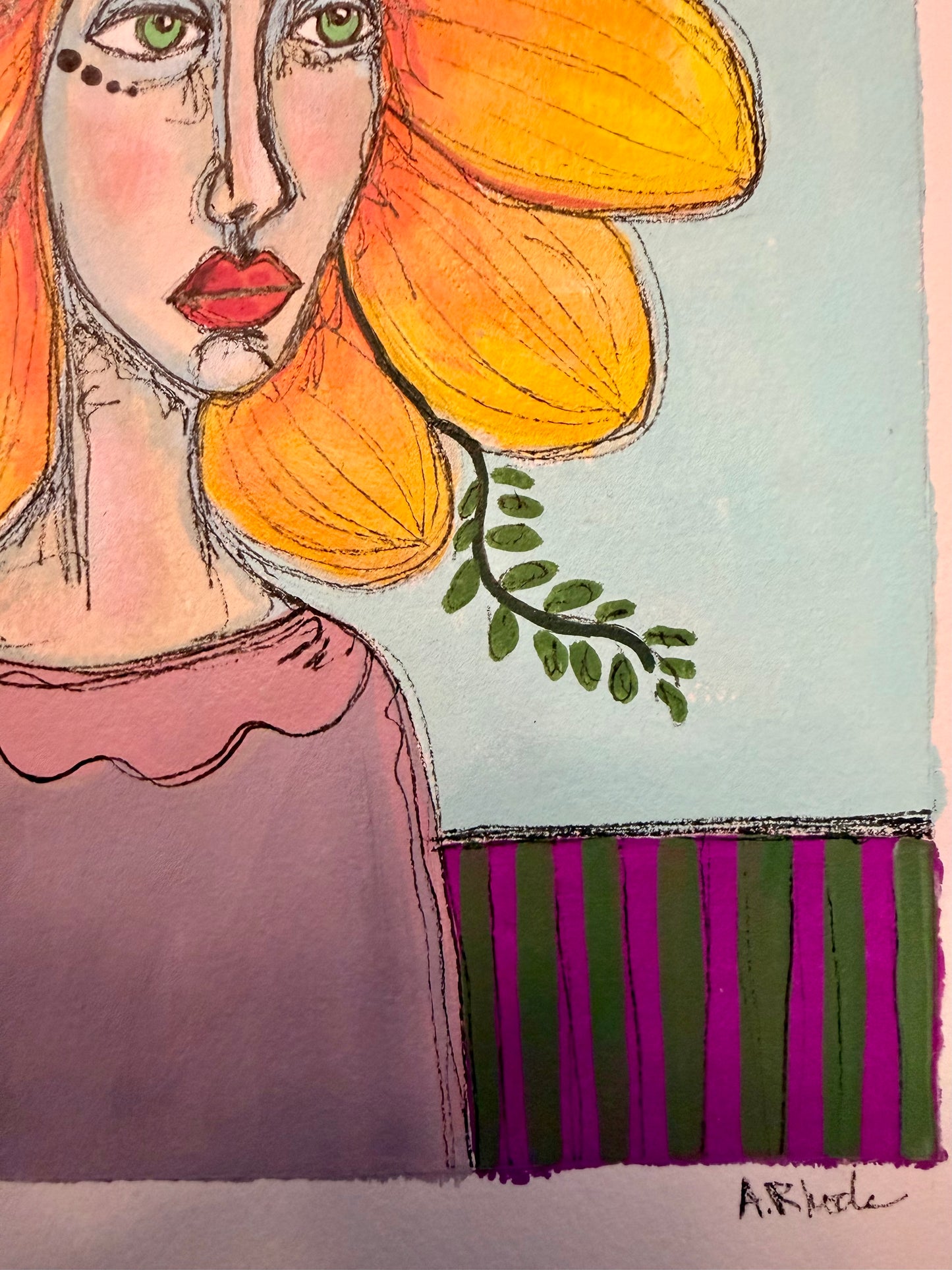 9x12”Original, signed painting on heavyweight archival paper. Abstract portrait-acrylic & ink, unframed.