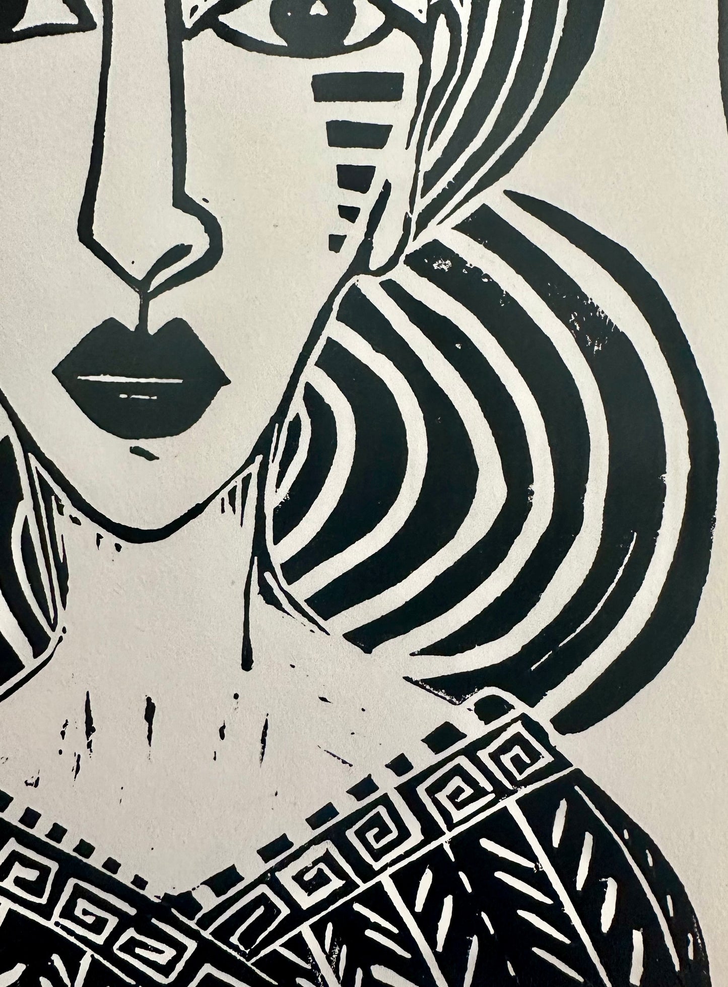 Original, hand-carved & pulled linocut block print - Unframed, 8x10 - Abstract Queen Portrait.