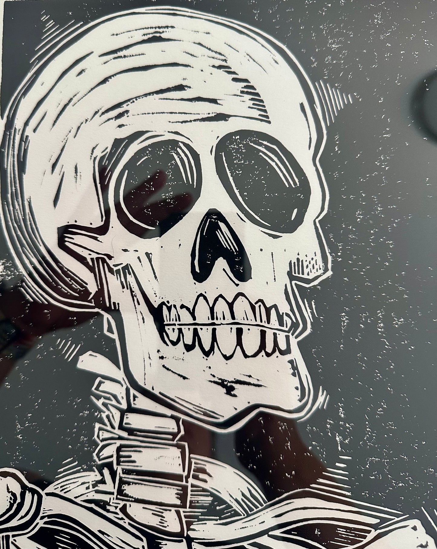 Original, hand-carved & printed linocut block print-in black frame - 13x16 - “dead inside” skelly