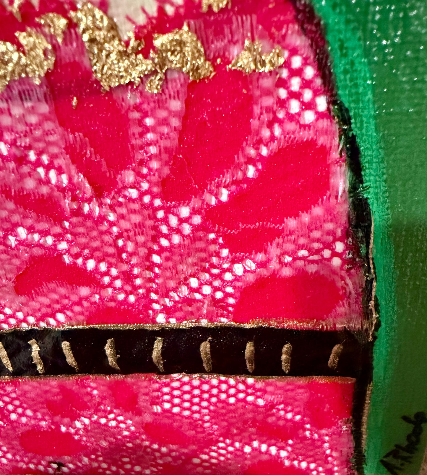 Original, signed mini /slender painting on canvas Abstract portrait w/mixed media 4x12”