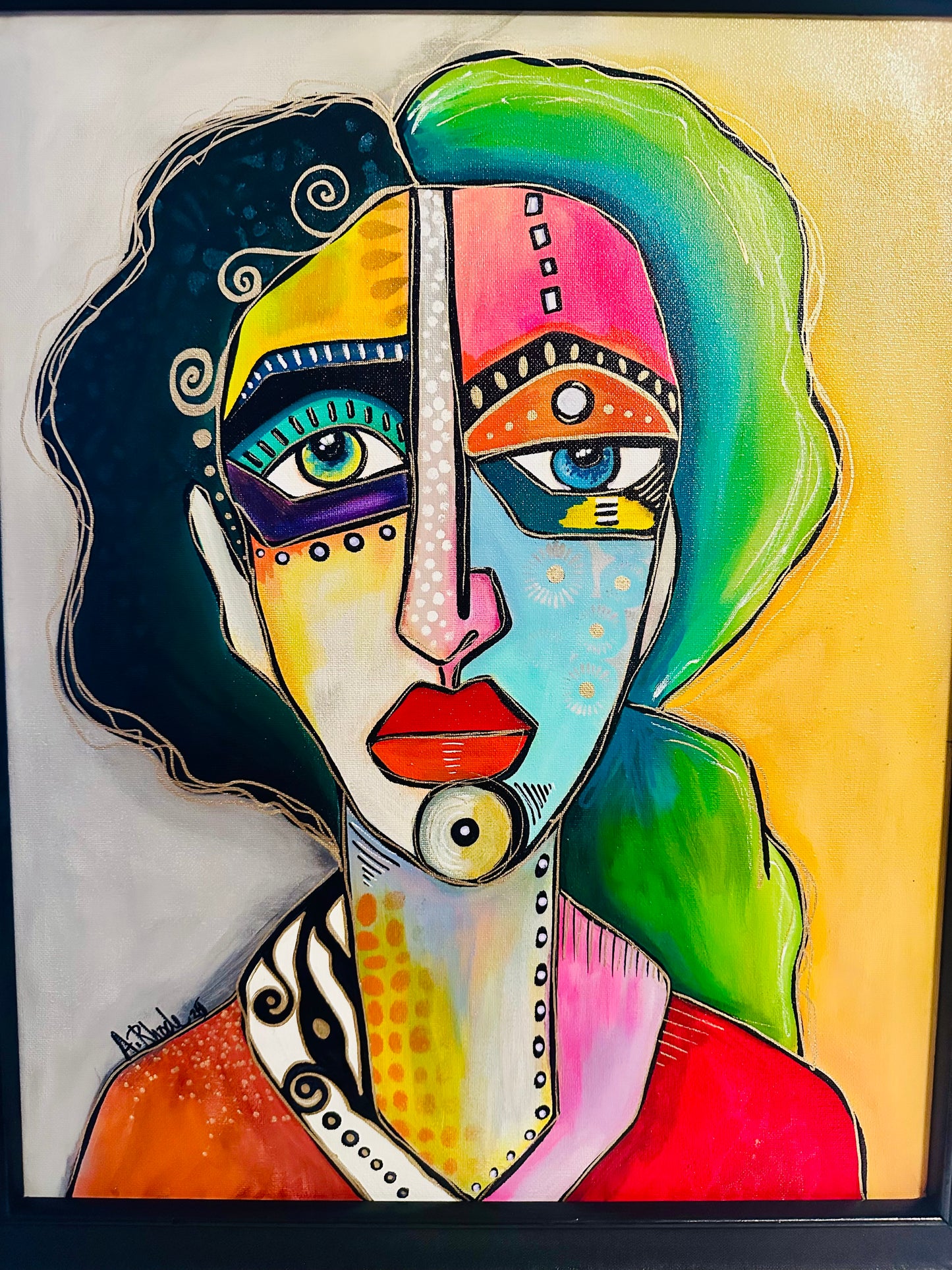 Original painting on canvas in black frame 22x26 Abstract Portrait