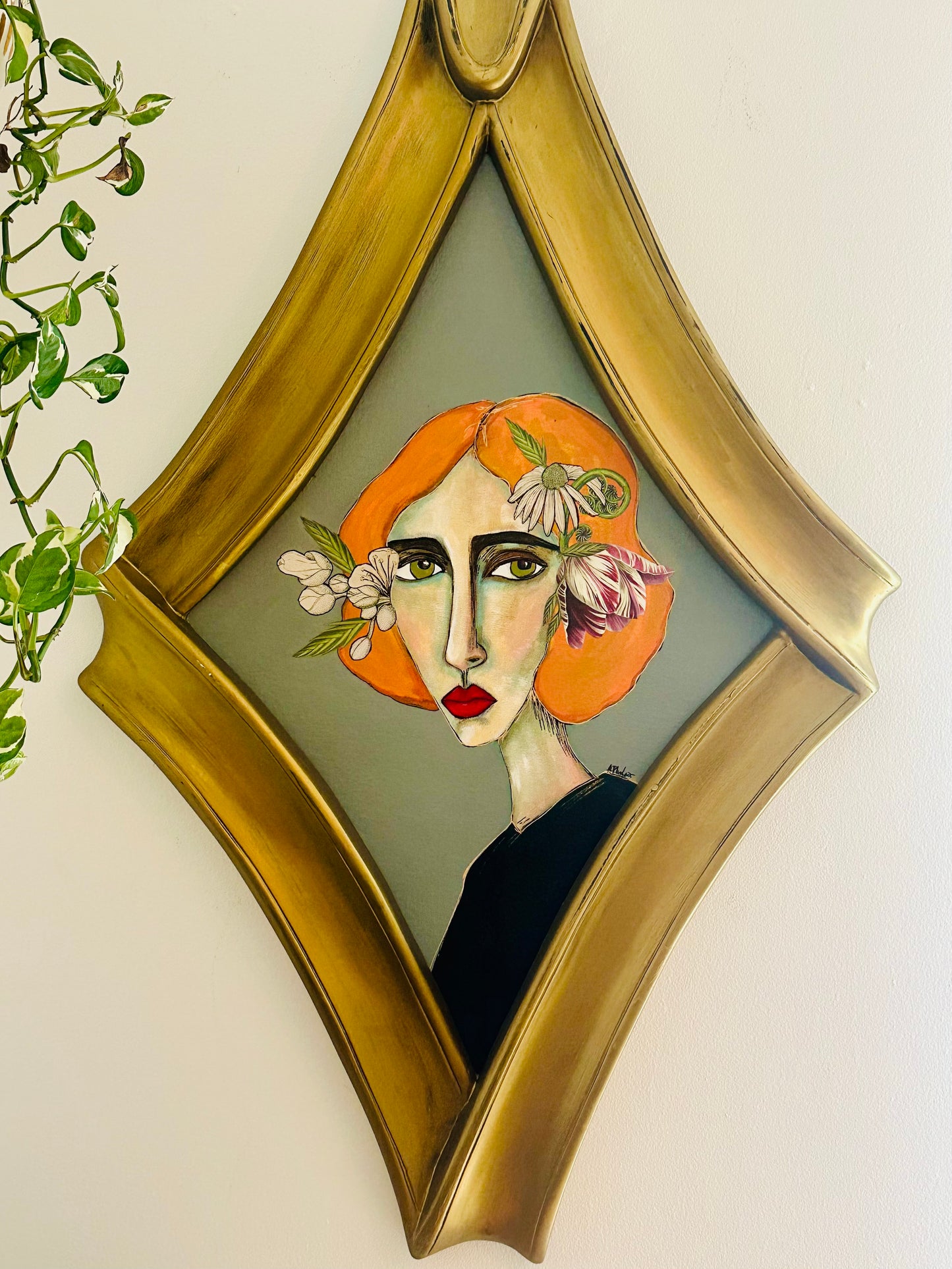 Large Original painting on canvas board - amazing art Deco diamond frame. 26x40” Abstract Portrait w/ mixed media