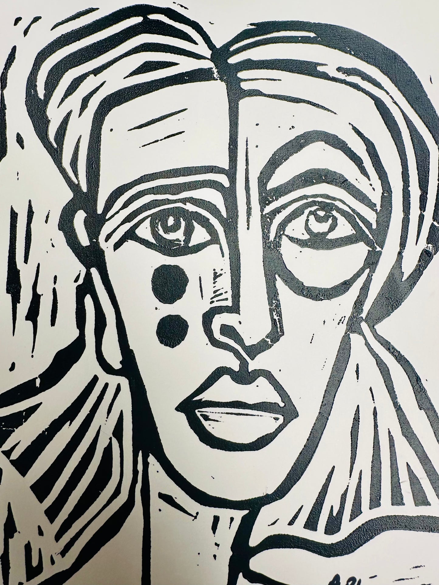 Original, hand-carved & pulled linocut block print - Unframed, 8x10 - Abstract Portrait.