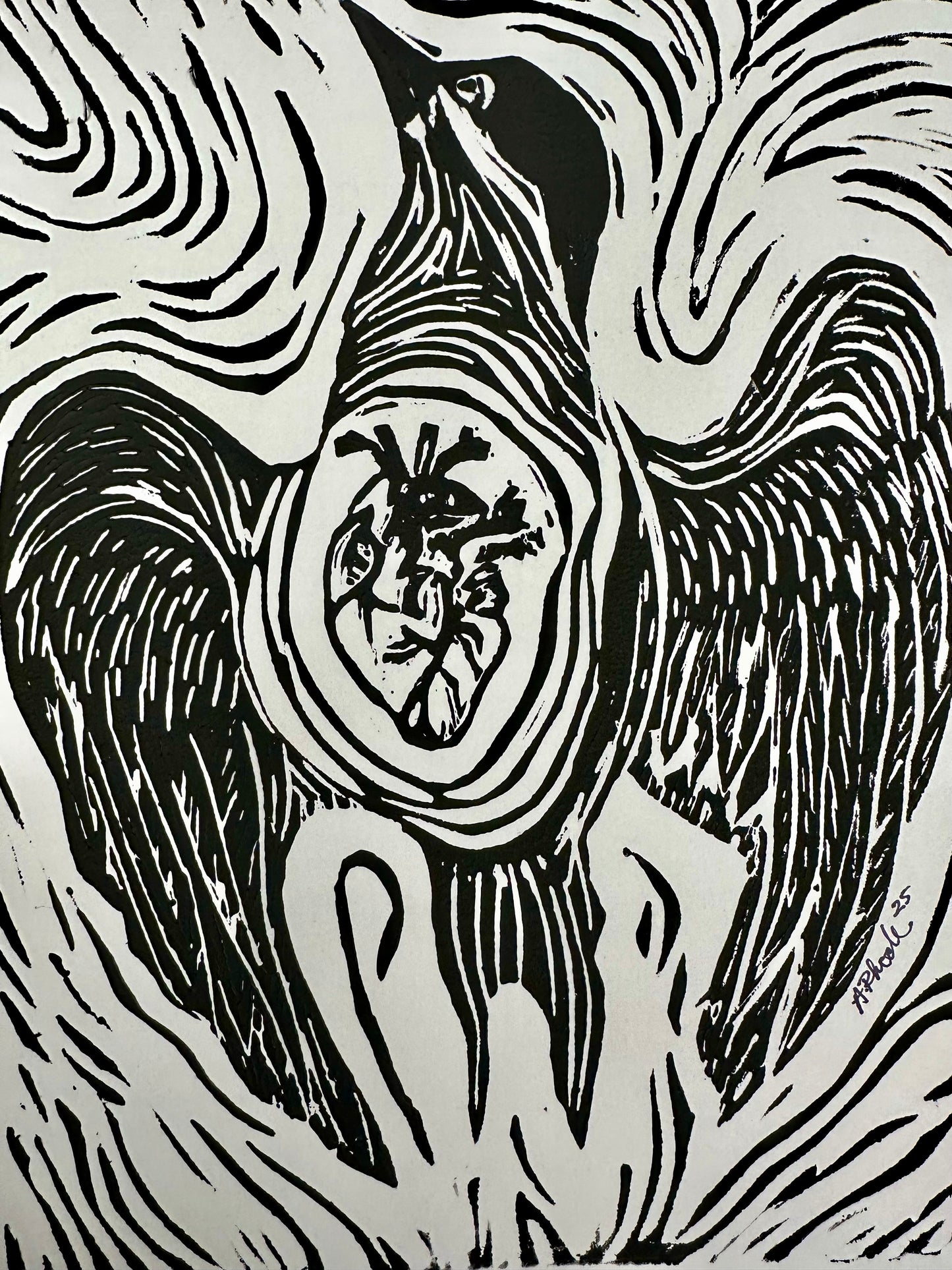Original, hand-carved & pulled linocut block print - Unframed, 8x10 -Bird/heart