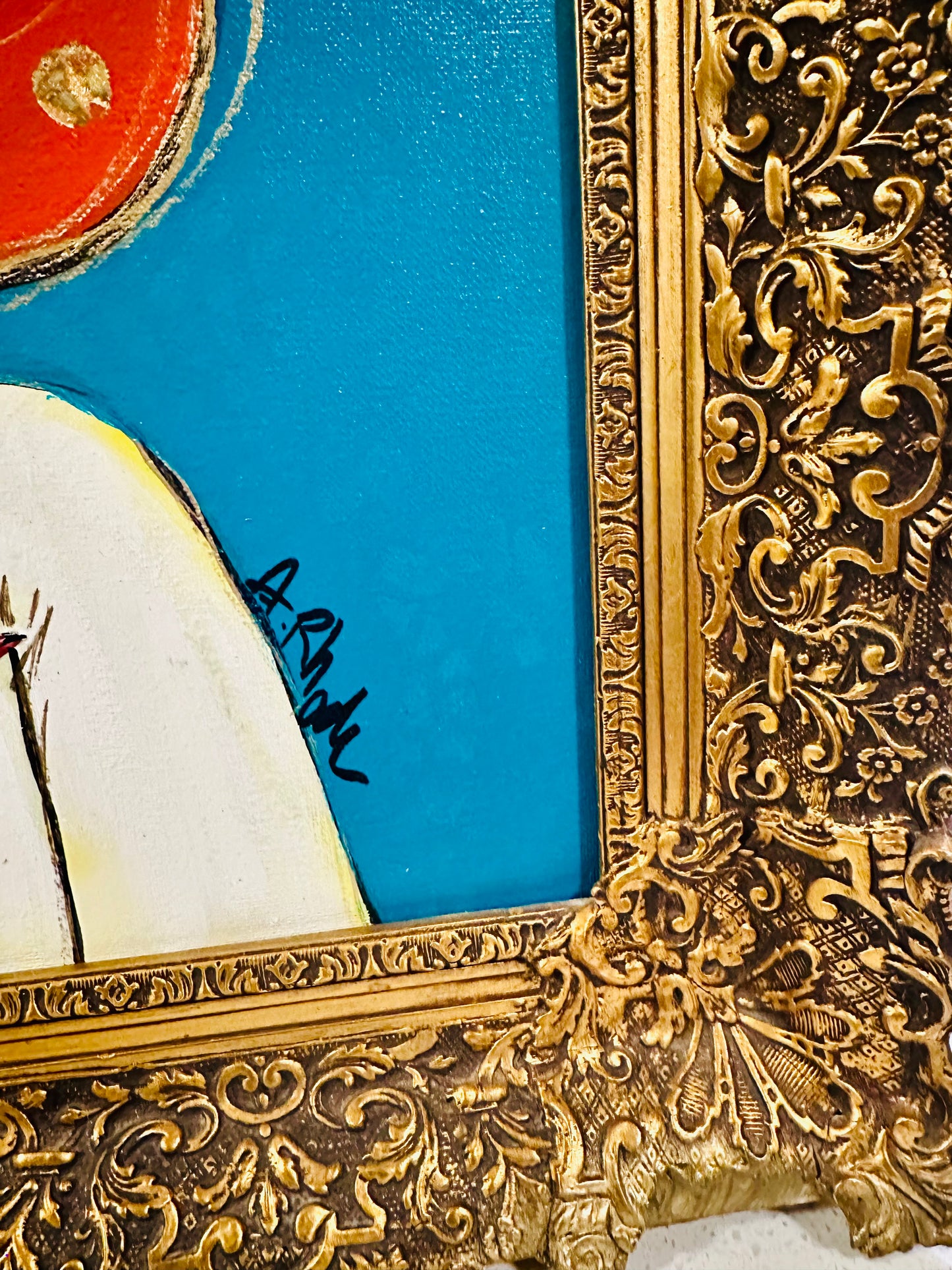 Original painting on canvas board in ornate vintage gold frame 21x25 *Abstract Portrait w/collage