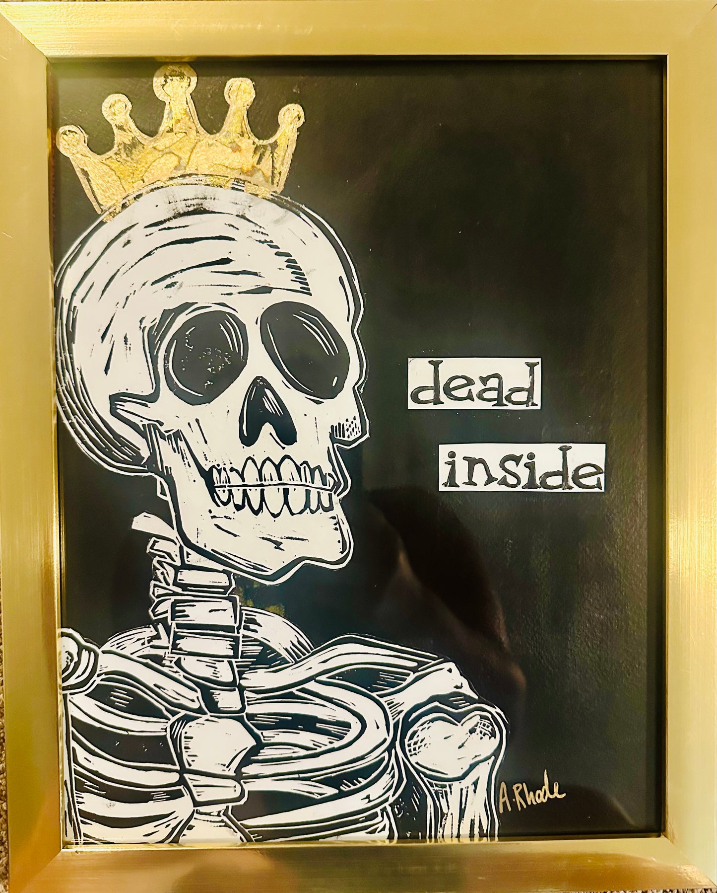 Original, hand-carved & pulled linocut Skelly King block print w/painted & collaged background-in gold frame 13x16