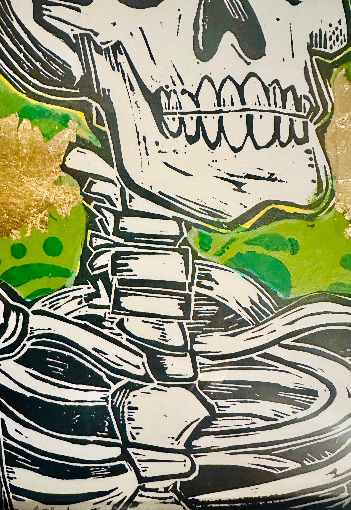 Original, hand-carved & pulled linocut Skelly King block print w/painted & collaged background-in black frame 13x16