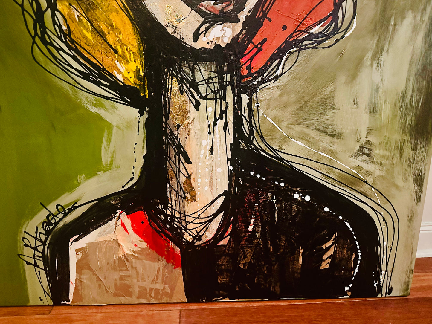 Large 40x60” Original painting on wide gallery edge canvas Abstract,splatter, contour portrait w/ mixed media