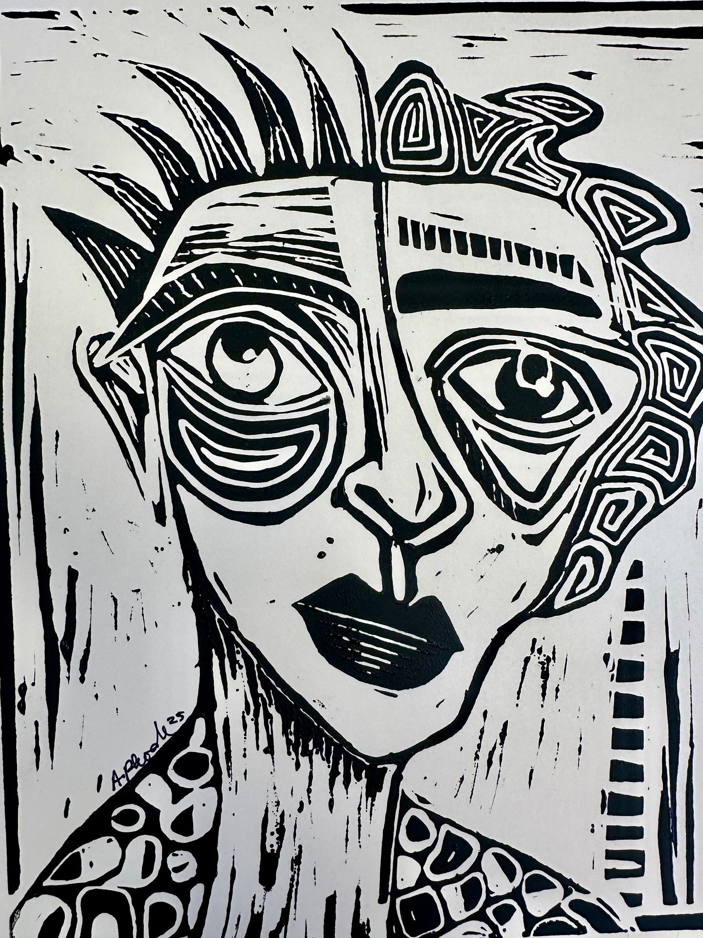 Original, hand-carved & pulled linocut block print - Unframed, 8x10 - Abstract Portrait.