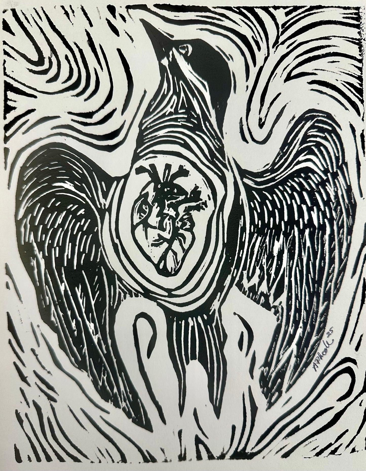 Original, hand-carved & pulled linocut block print - Unframed, 8x10 -Bird/heart