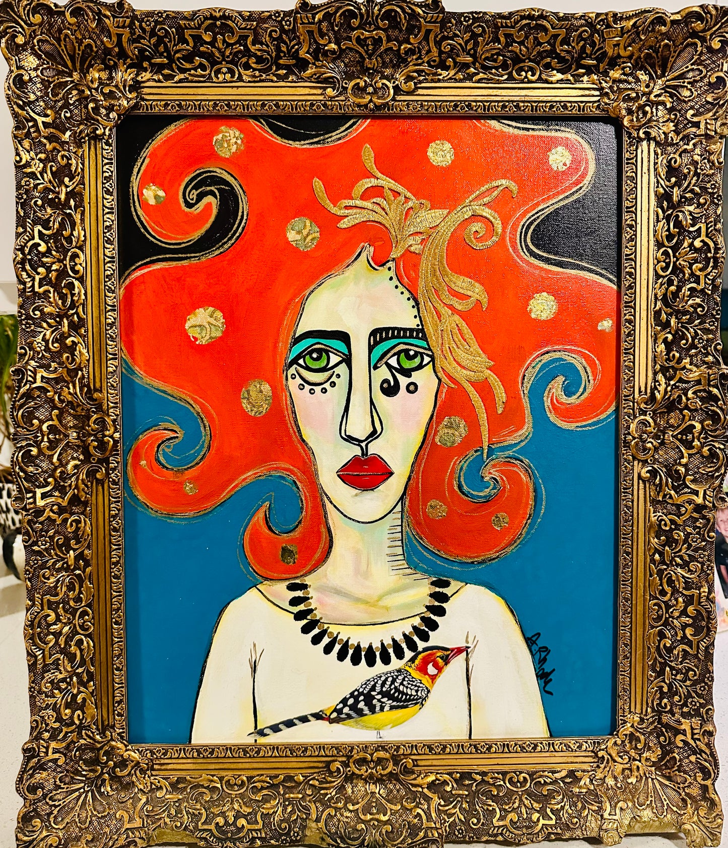 Original painting on canvas board in ornate vintage gold frame 21x25 *Abstract Portrait w/collage