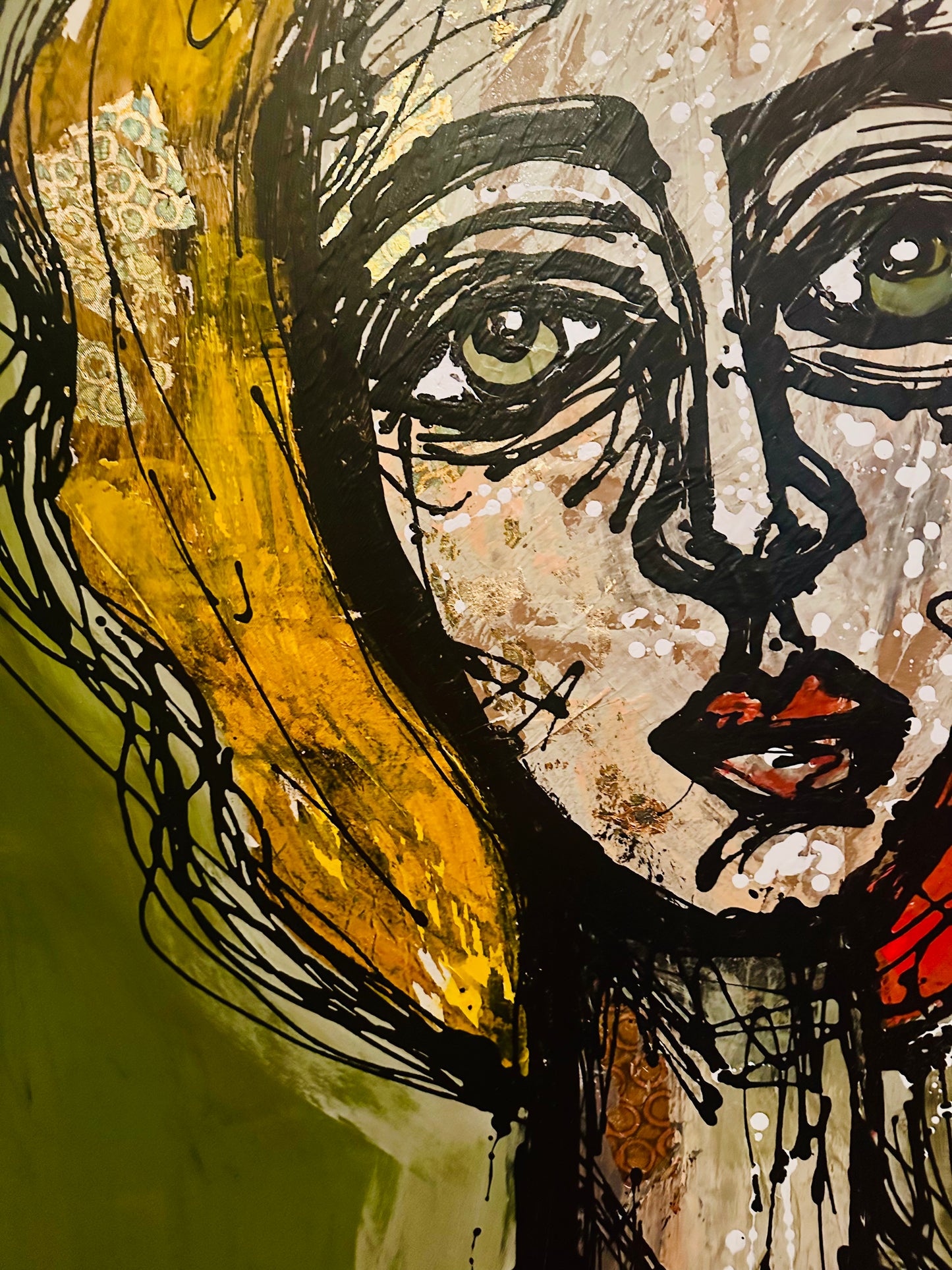 Large 40x60” Original painting on wide gallery edge canvas Abstract,splatter, contour portrait w/ mixed media