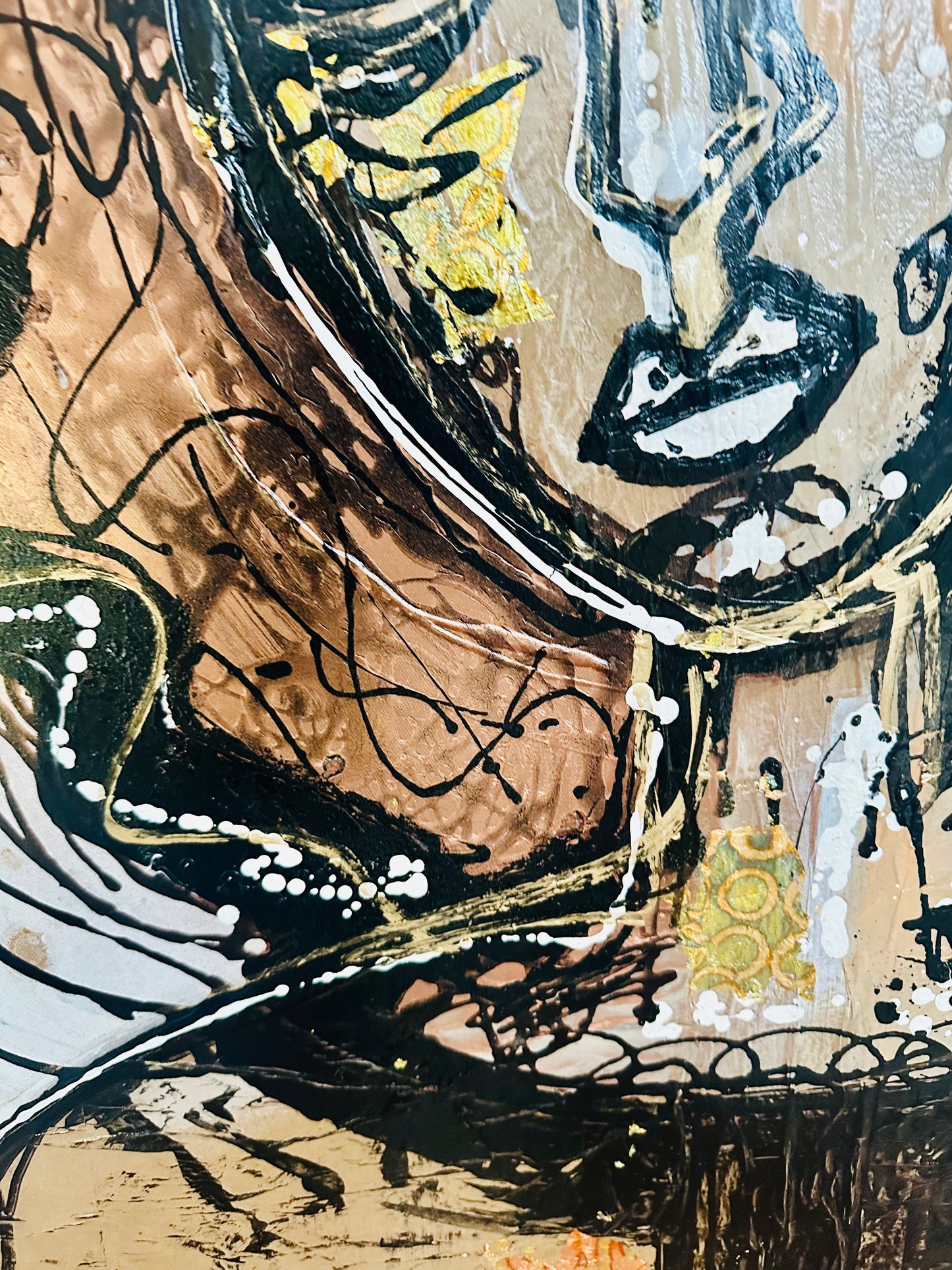 Original painting on black canvas. Approx. 40x40”Abstract portrait w/mixed media collage & metallic ink/gold leaf