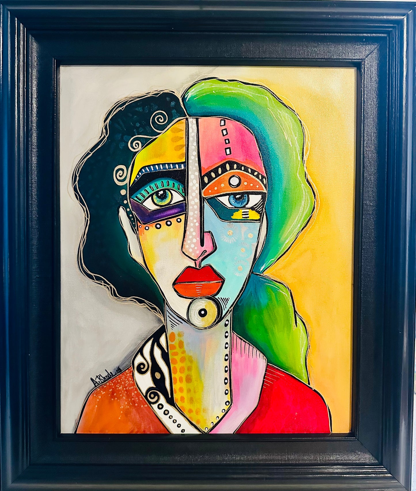 Original painting on canvas in black frame 22x26 Abstract Portrait