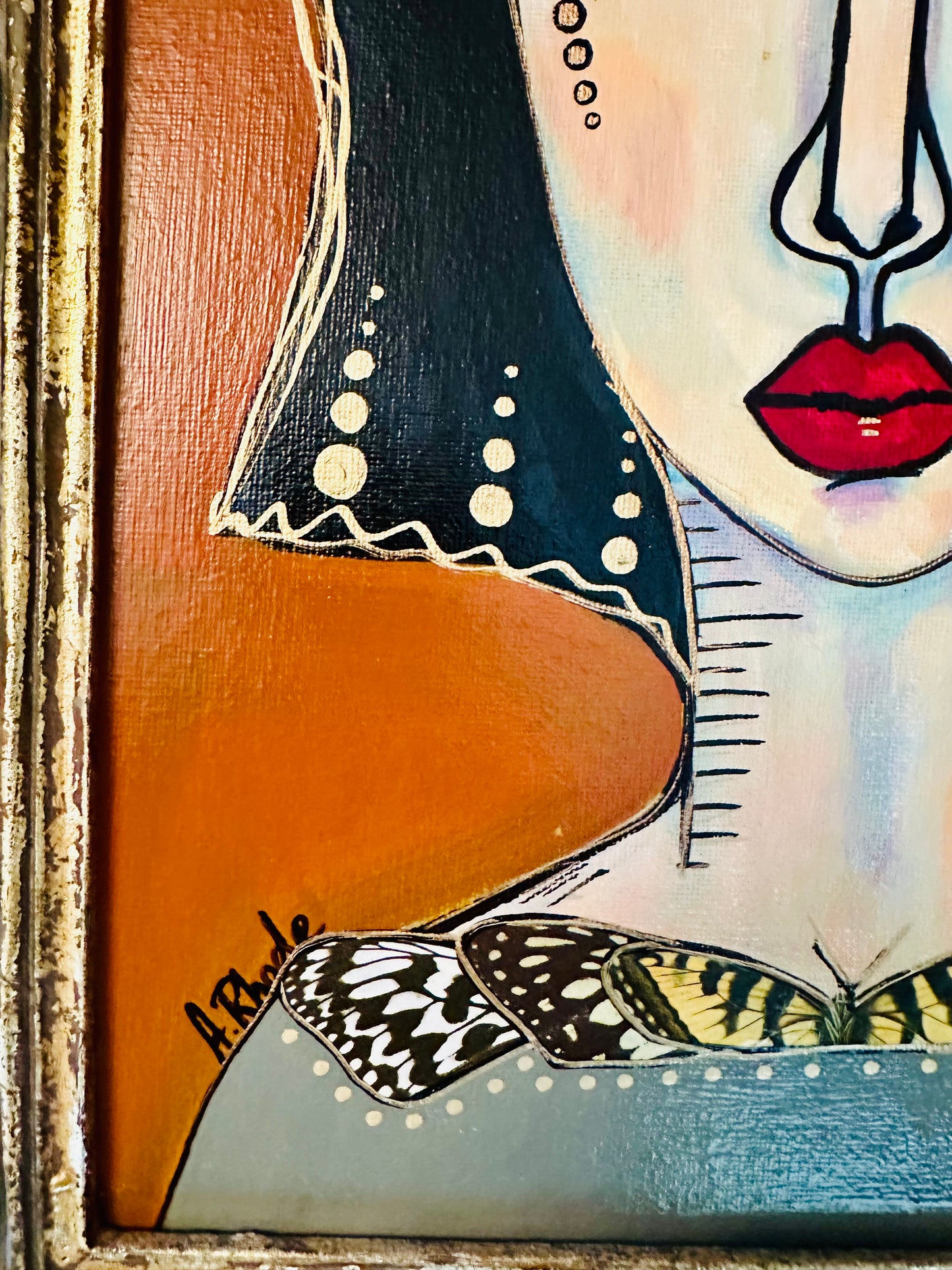 Original painting on canvas board-Ornate frame, 16x19-Abstract Portrait-w/ mixed media collage