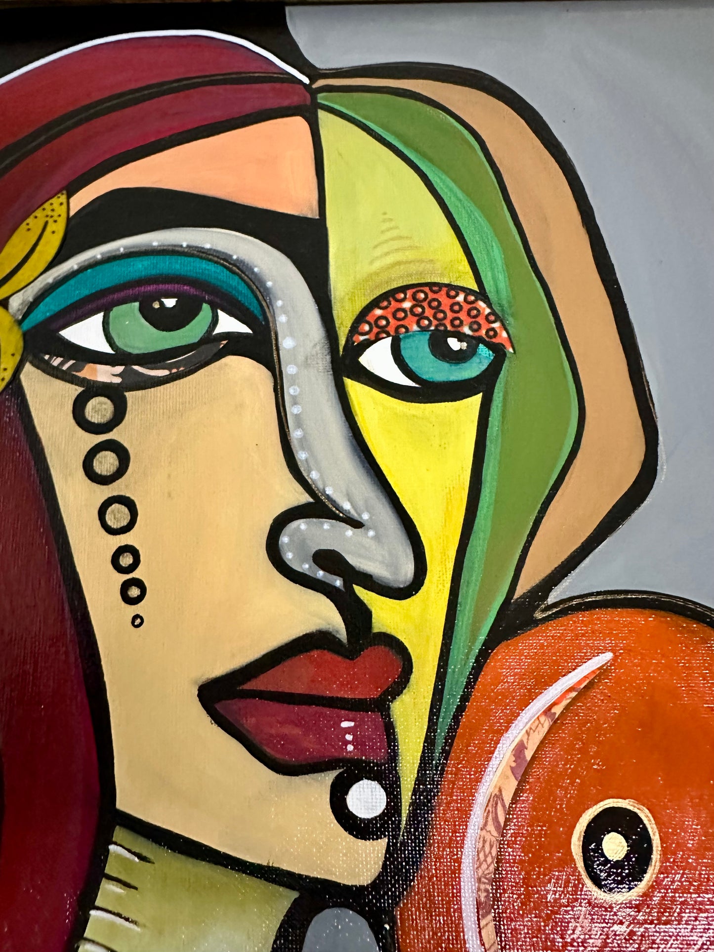 Original painting on canvas board - gold frame 22x22” Abstract Portrait w/mixed media collage