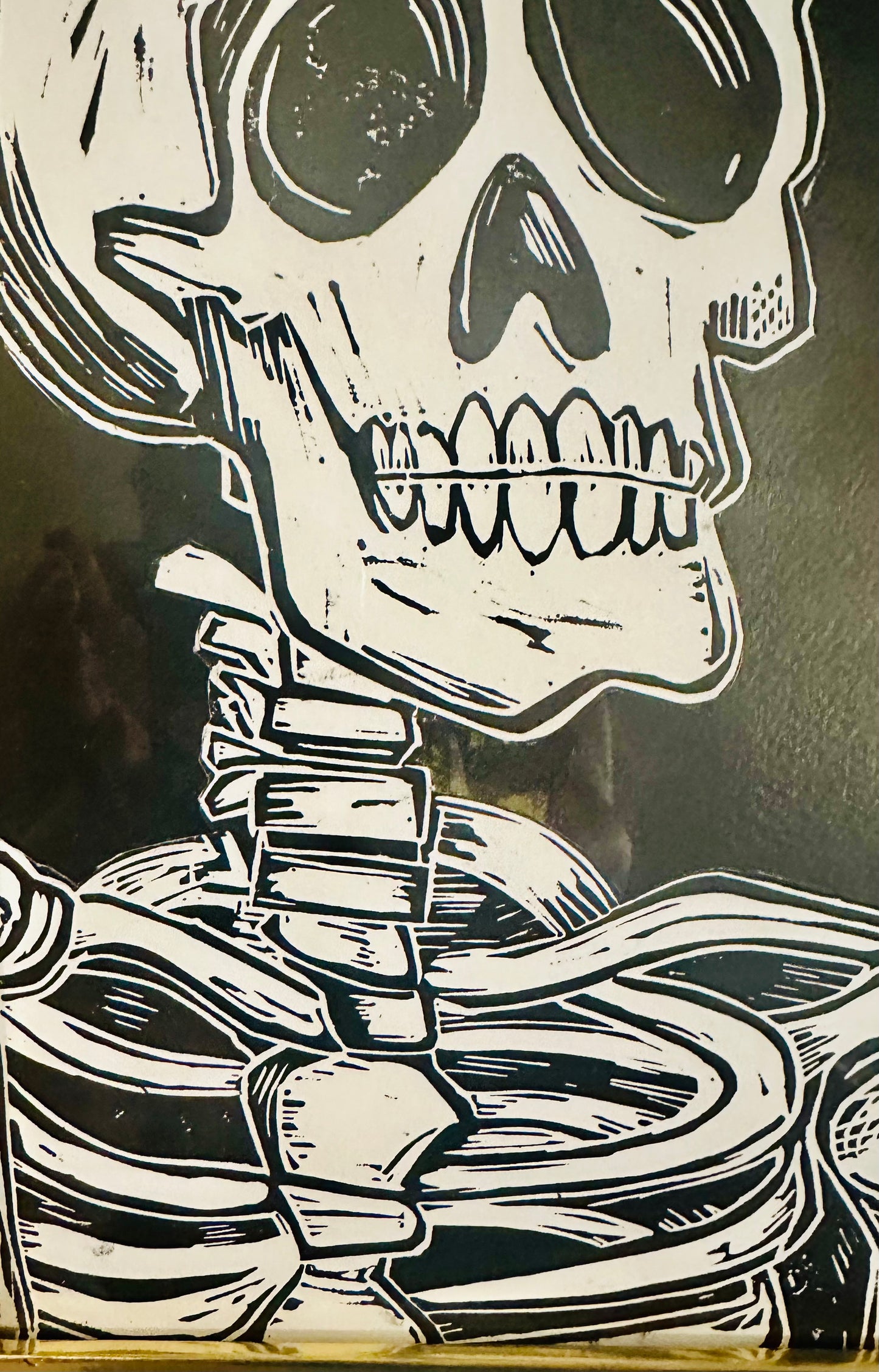Original, hand-carved & pulled linocut Skelly King block print w/painted & collaged background-in gold frame 13x16