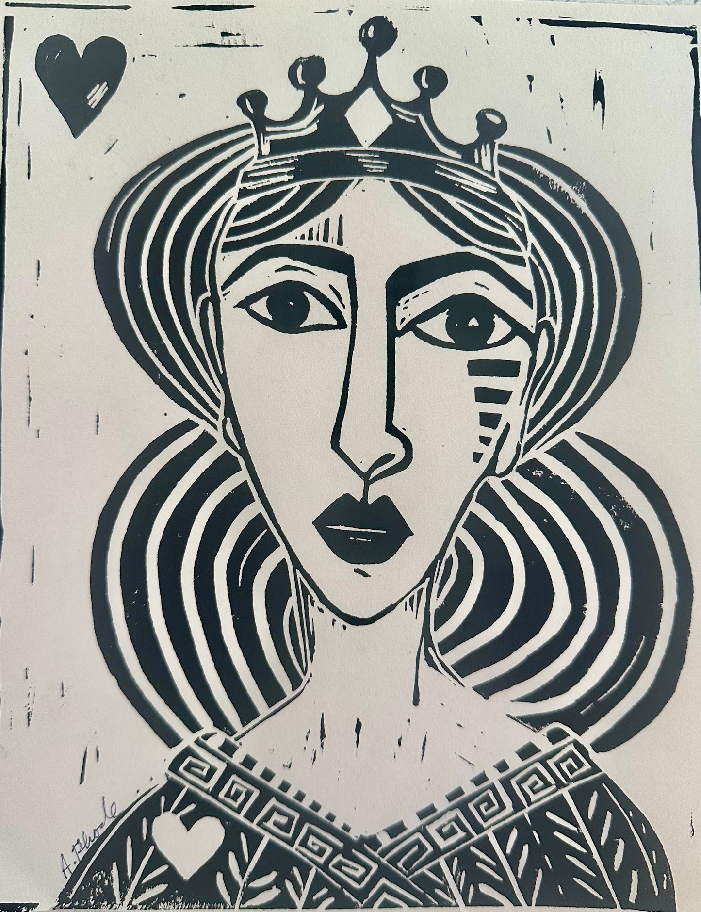 Original, hand-carved & pulled linocut block print - Unframed, 8x10 - Abstract Queen Portrait.